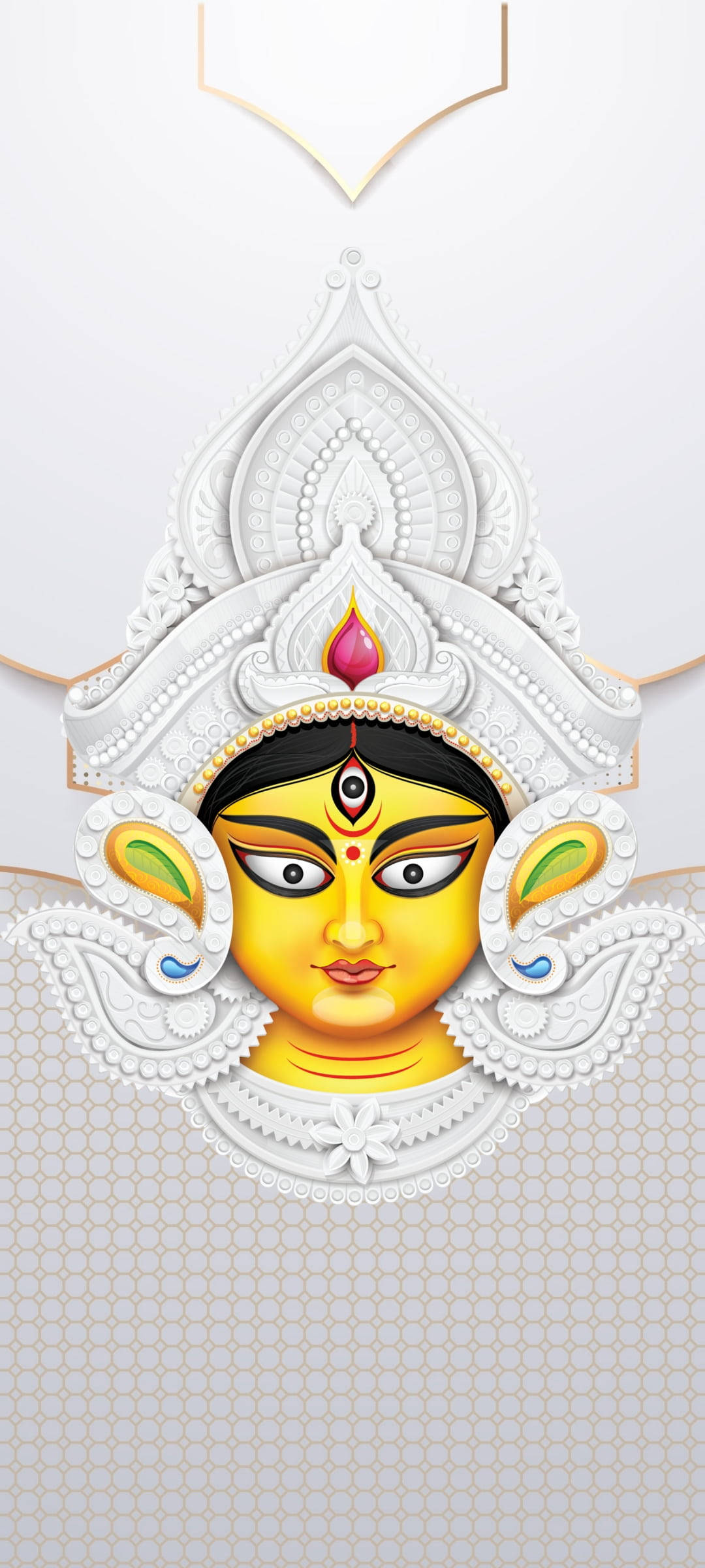 Durga Devi, golden-faced goddess, intricate white headdress, Full HD Phone Wallpaper