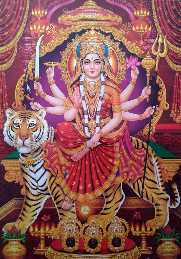 Durga Devi, tiger, gold, SD Phone Wallpaper