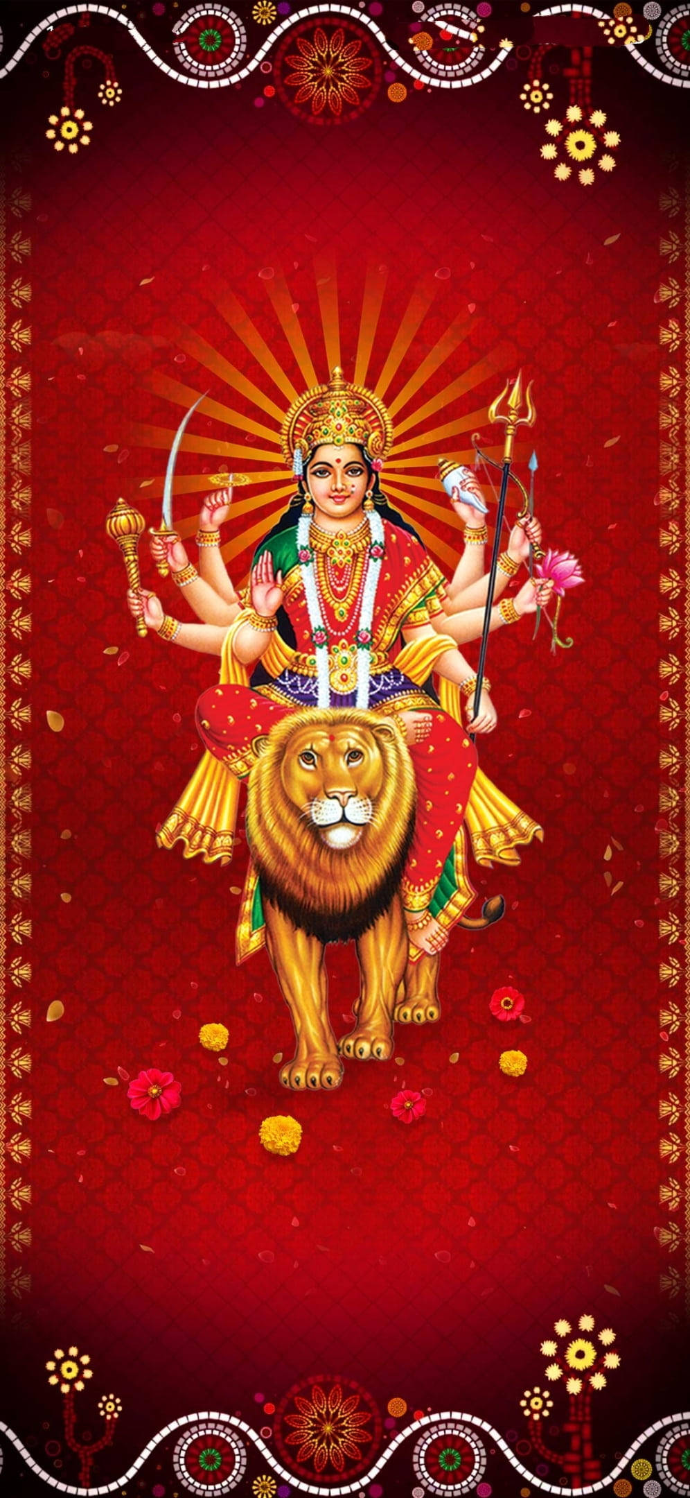 Durga Devi, ten arms, golden lion, Full HD Phone Wallpaper