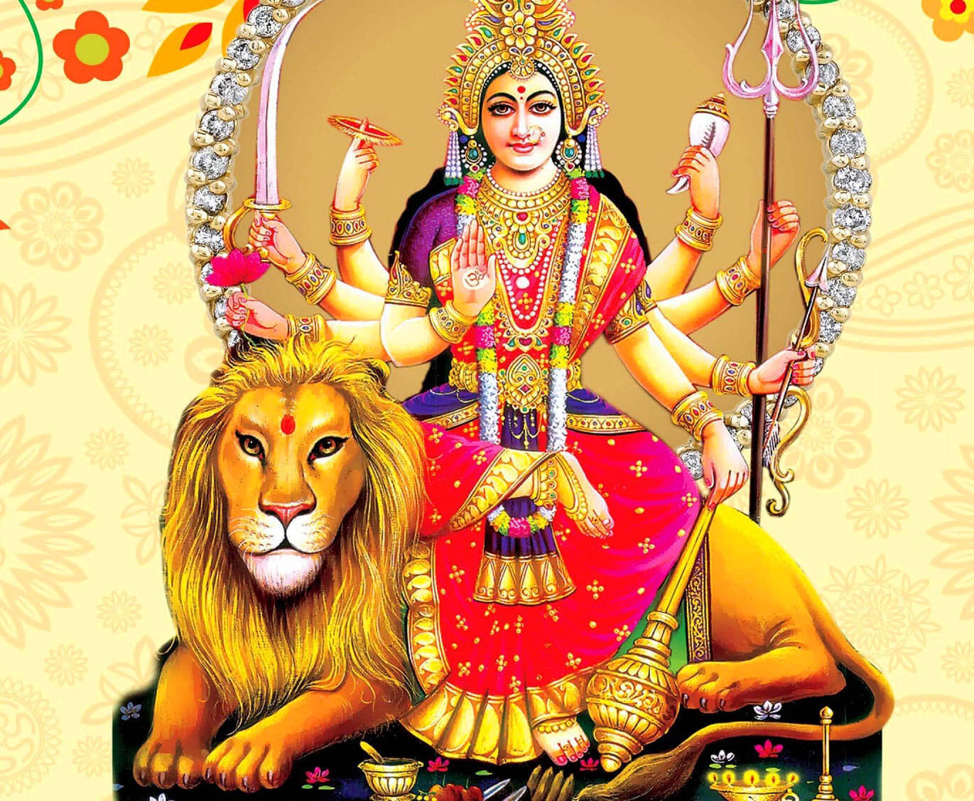 Durga Devi, golden lion, multiple arms, HD Desktop Wallpaper