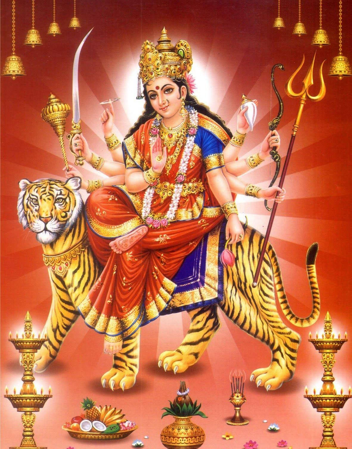 Durga Devi, multi-armed goddess, majestic tiger, HD Phone Wallpaper