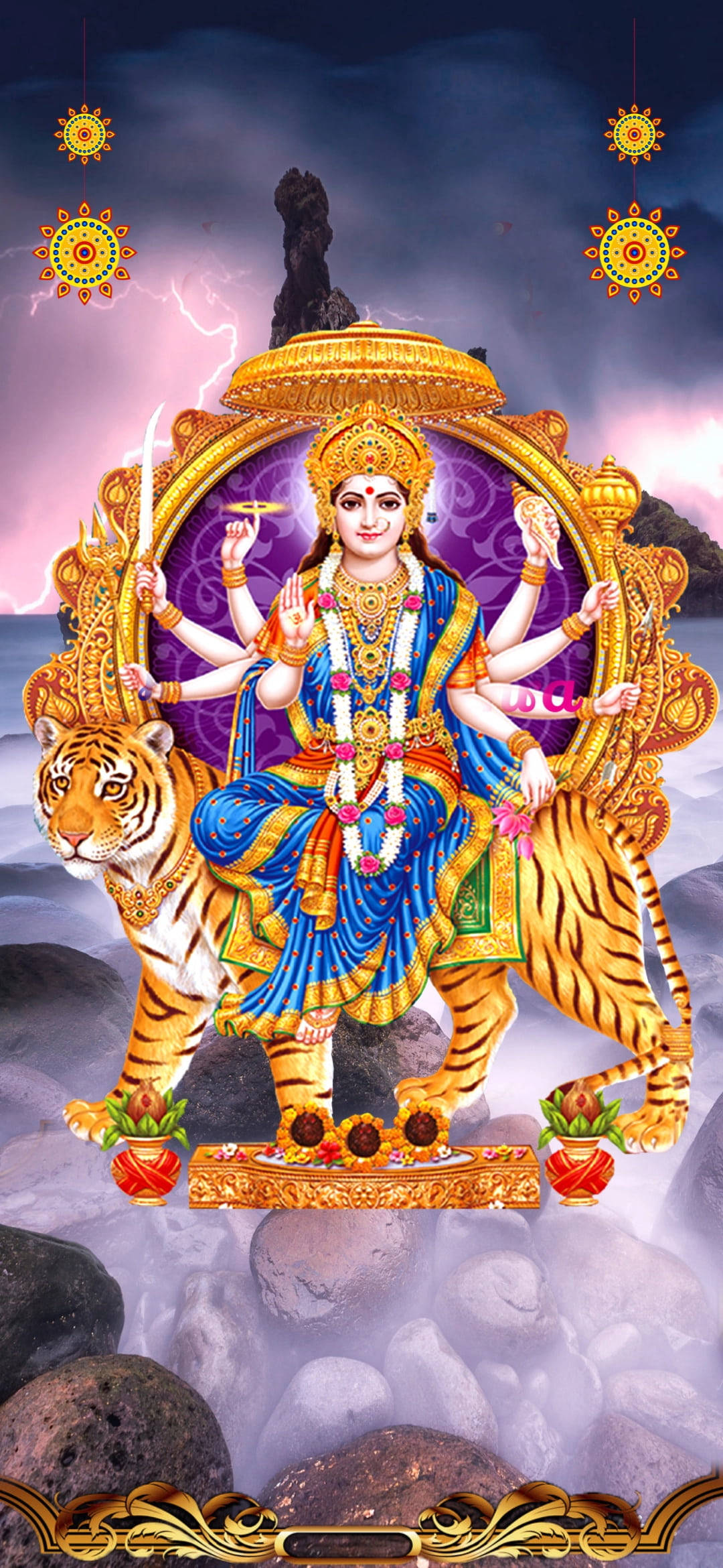 Durga Devi, ten arms, tiger, Full HD Phone Wallpaper