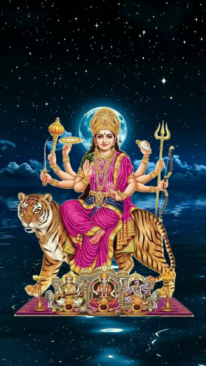Durga Devi, radiant pink and gold attire, majestic tiger, HD Phone Wallpaper