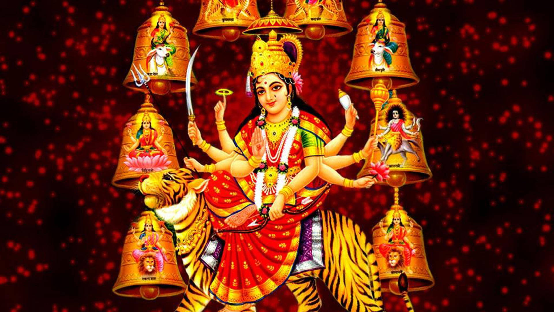 Durga Devi, tiger, golden bells, Full HD Desktop Wallpaper