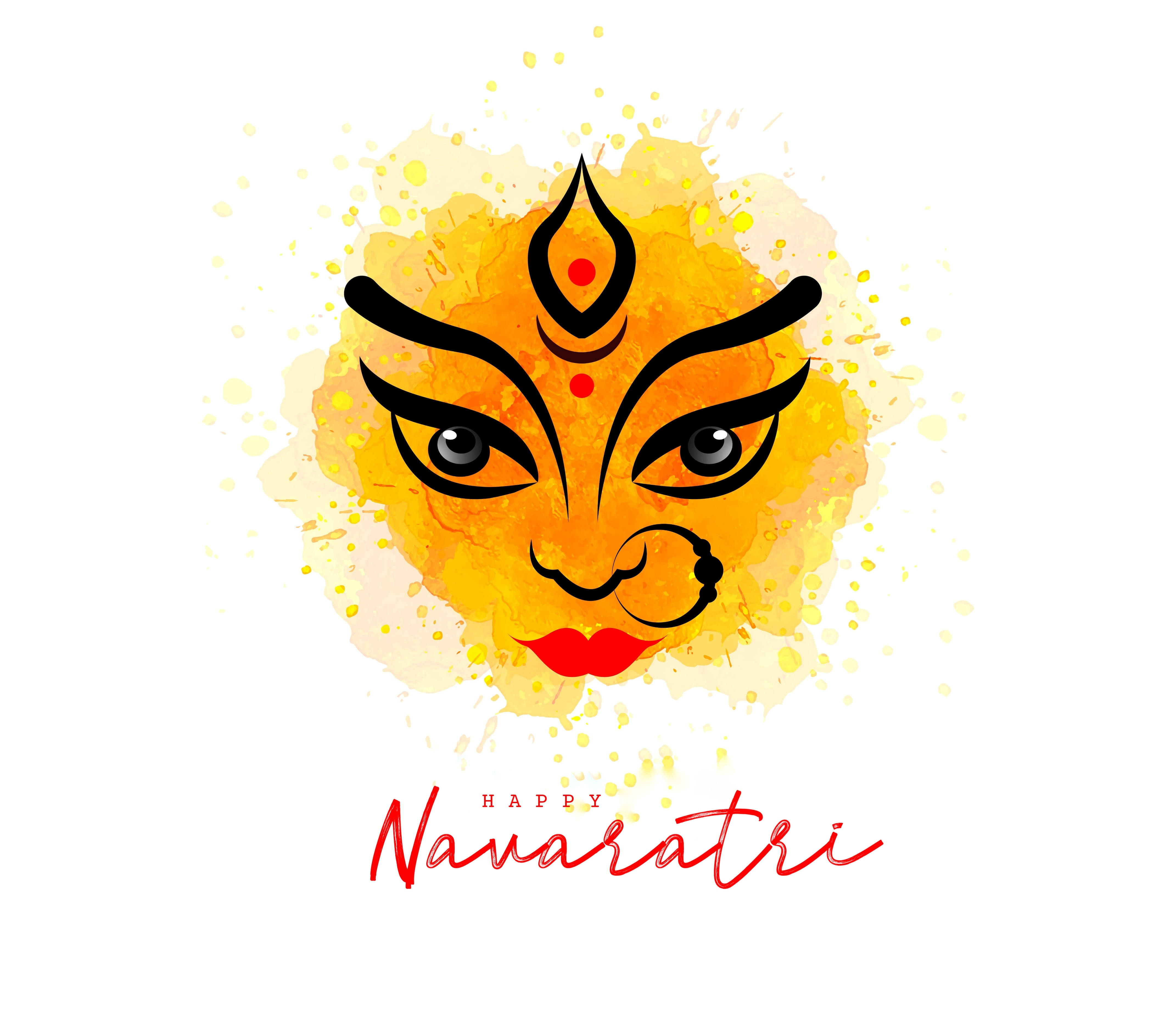 Durga Devi, vibrant watercolor illustration, bold black outlines, 4K Desktop Wallpaper