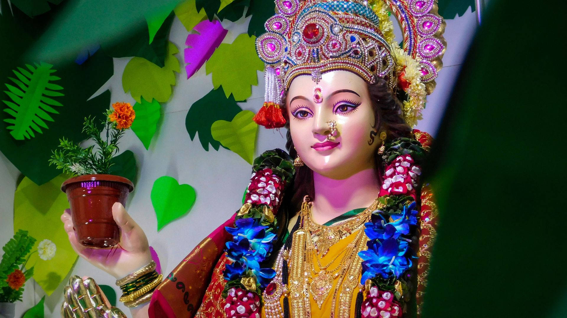 Durga Mata, jewels, flowers, Full HD Desktop Wallpaper