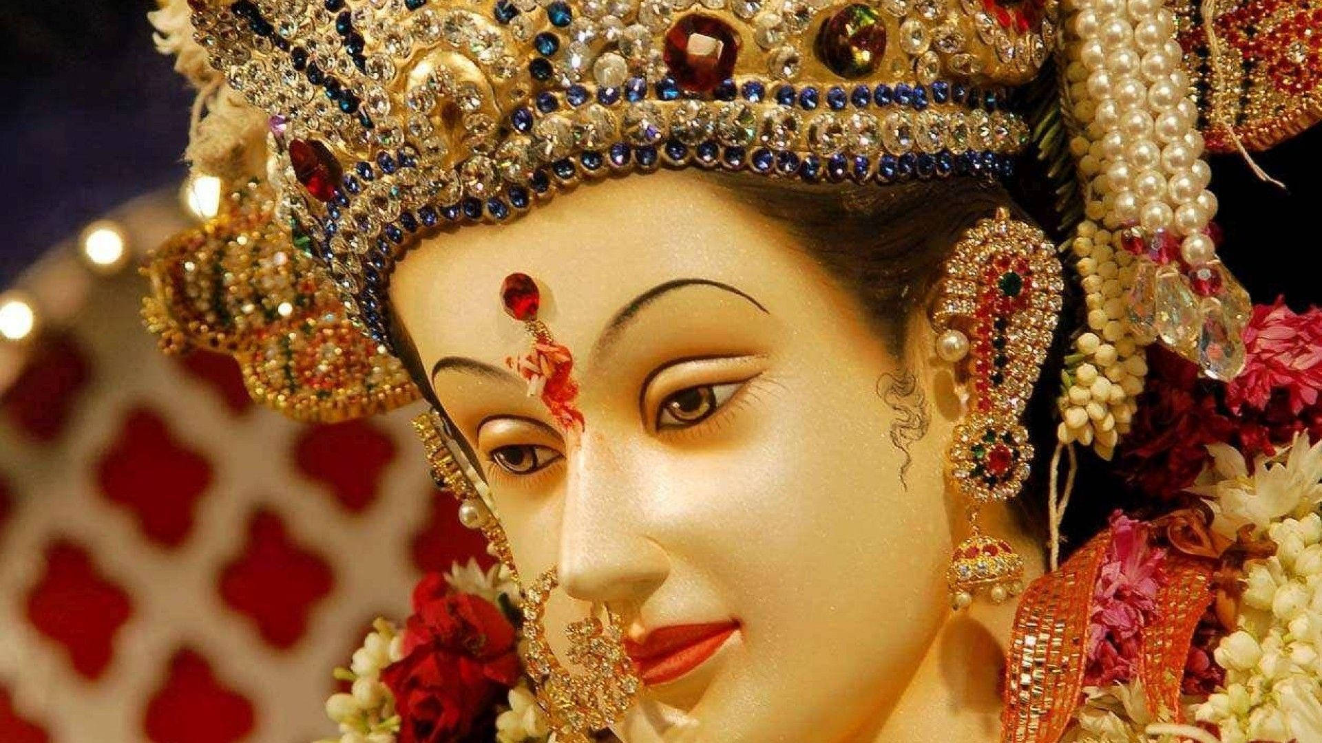 Durga Mata, golden jewelry, red gemstones, Full HD Desktop Wallpaper