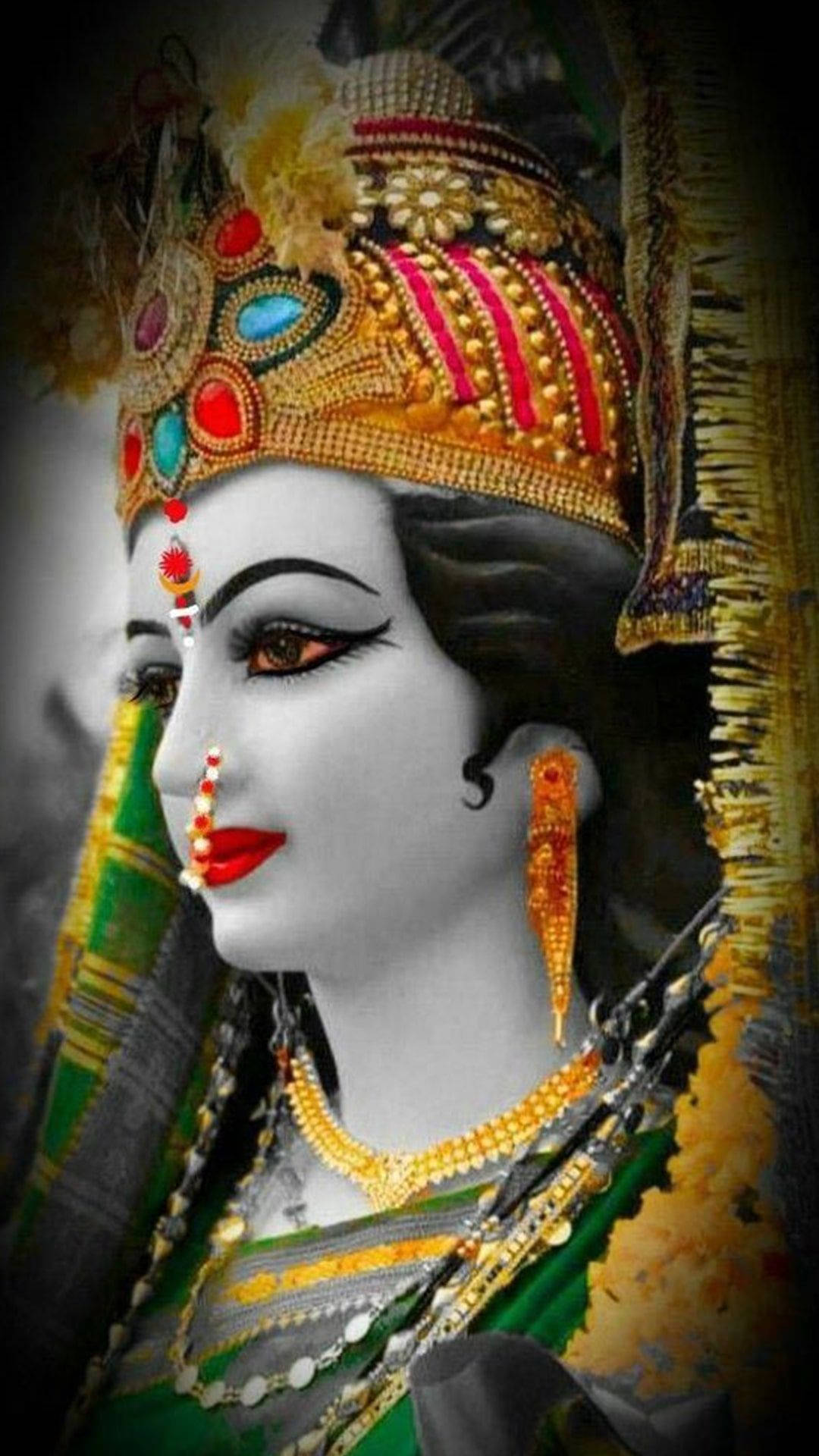 Durga Mata, golden crown, red lips, Full HD Phone Wallpaper