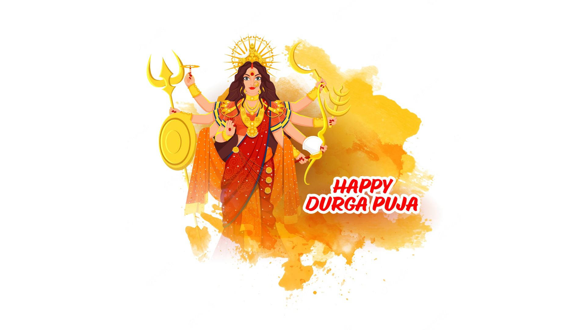 Durga Mata, red and gold attire, yellow watercolor splash, Full HD Desktop Wallpaper