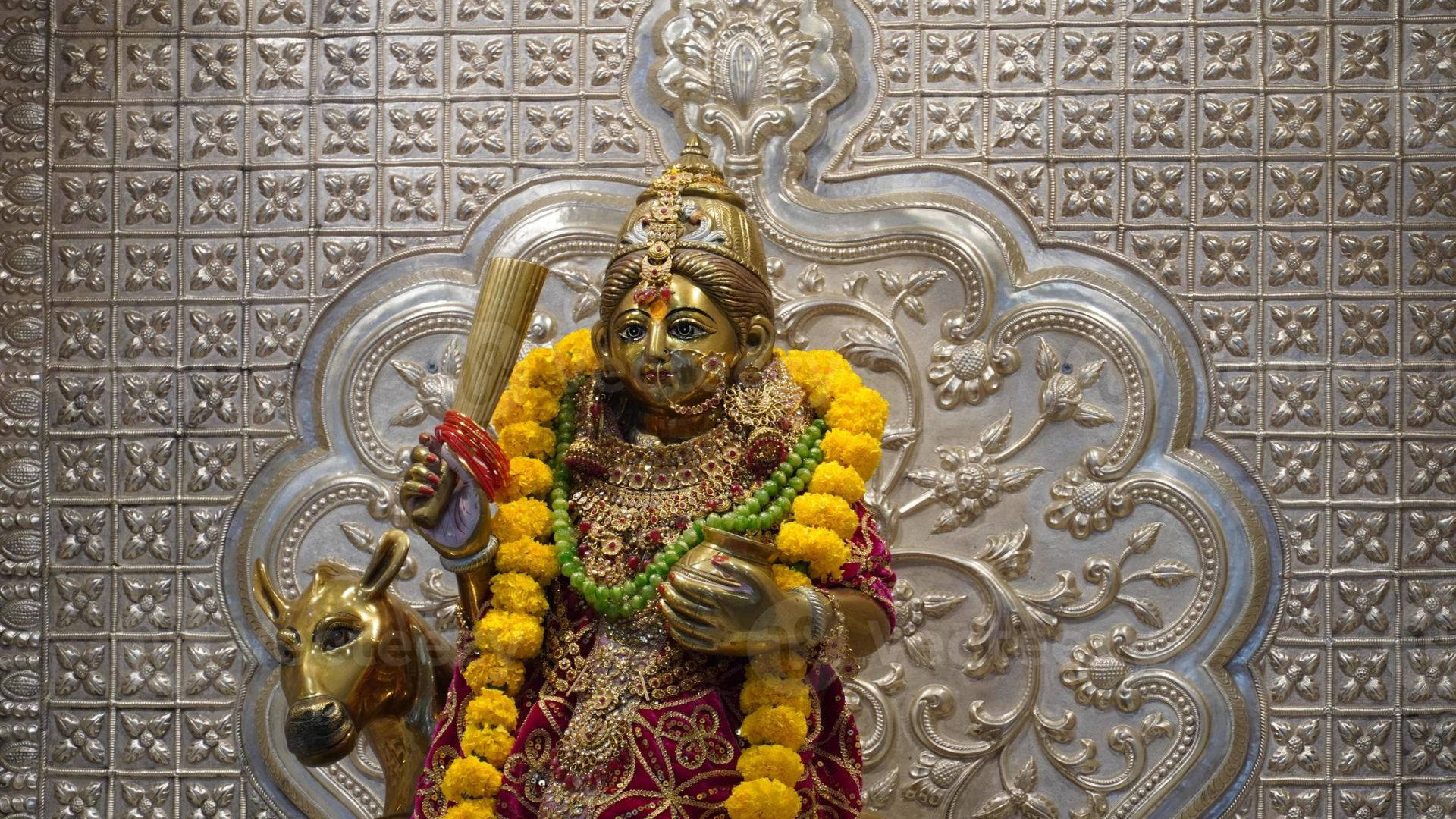 Durga Mata, yellow marigold garlands, green beads, Full HD Desktop Wallpaper
