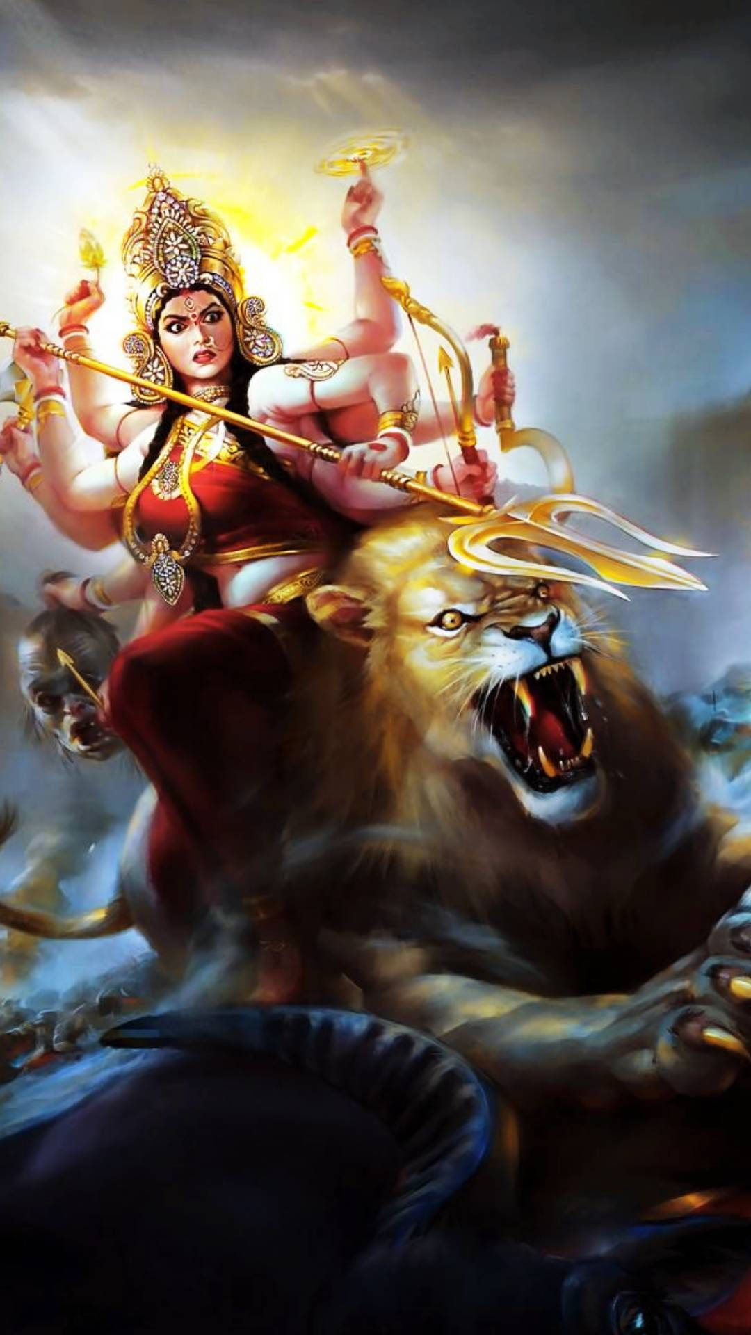 Durga Mata, lion, multiple arms, Full HD Phone Wallpaper