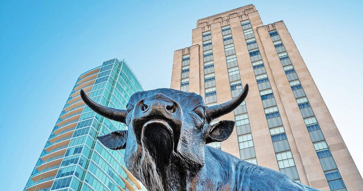 Durham, skyscrapers, bull bronze sculpture, SD Desktop Wallpaper