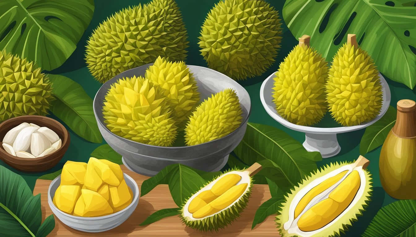 durian fruit, creamy yellow flesh, tropical leaves, HD Desktop Wallpaper
