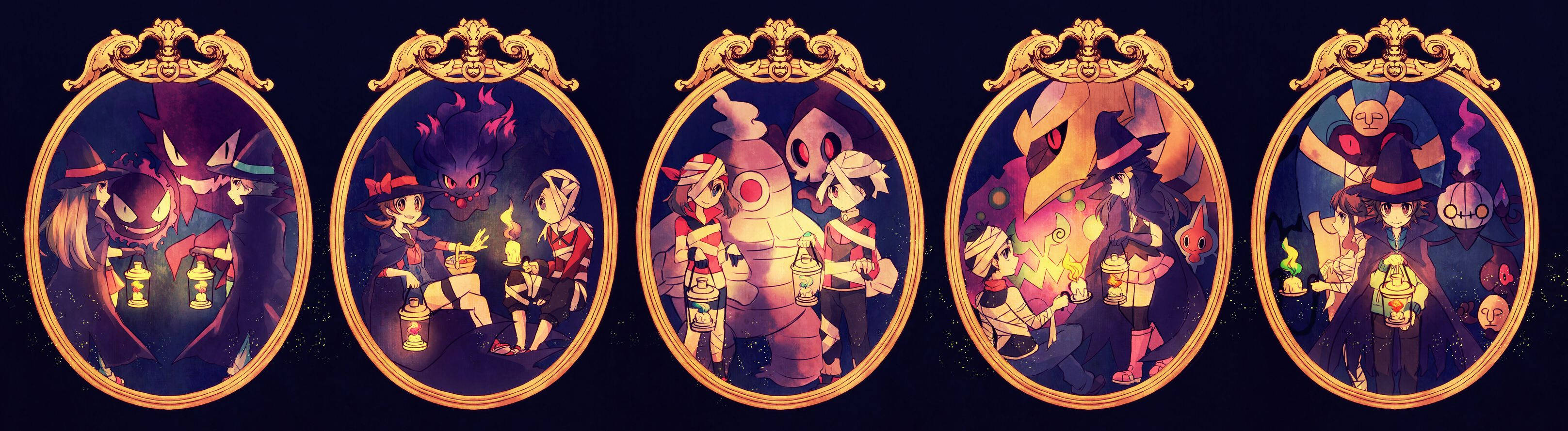 Dusclops, golden-framed portraits, stylized anime characters, 2K Desktop Wallpaper