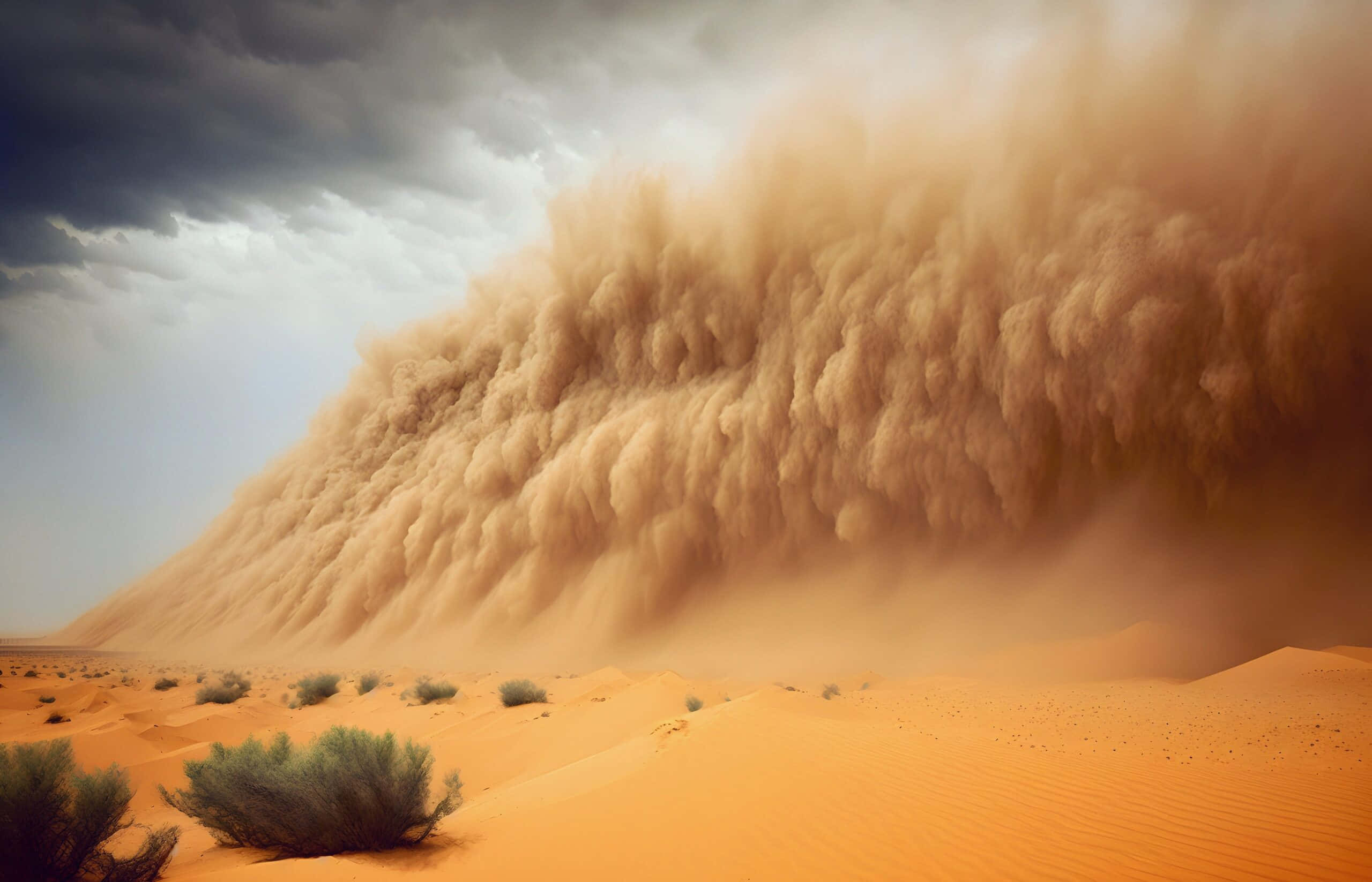 Dust Storm, desert landscape, orange sand, 2K Desktop Wallpaper