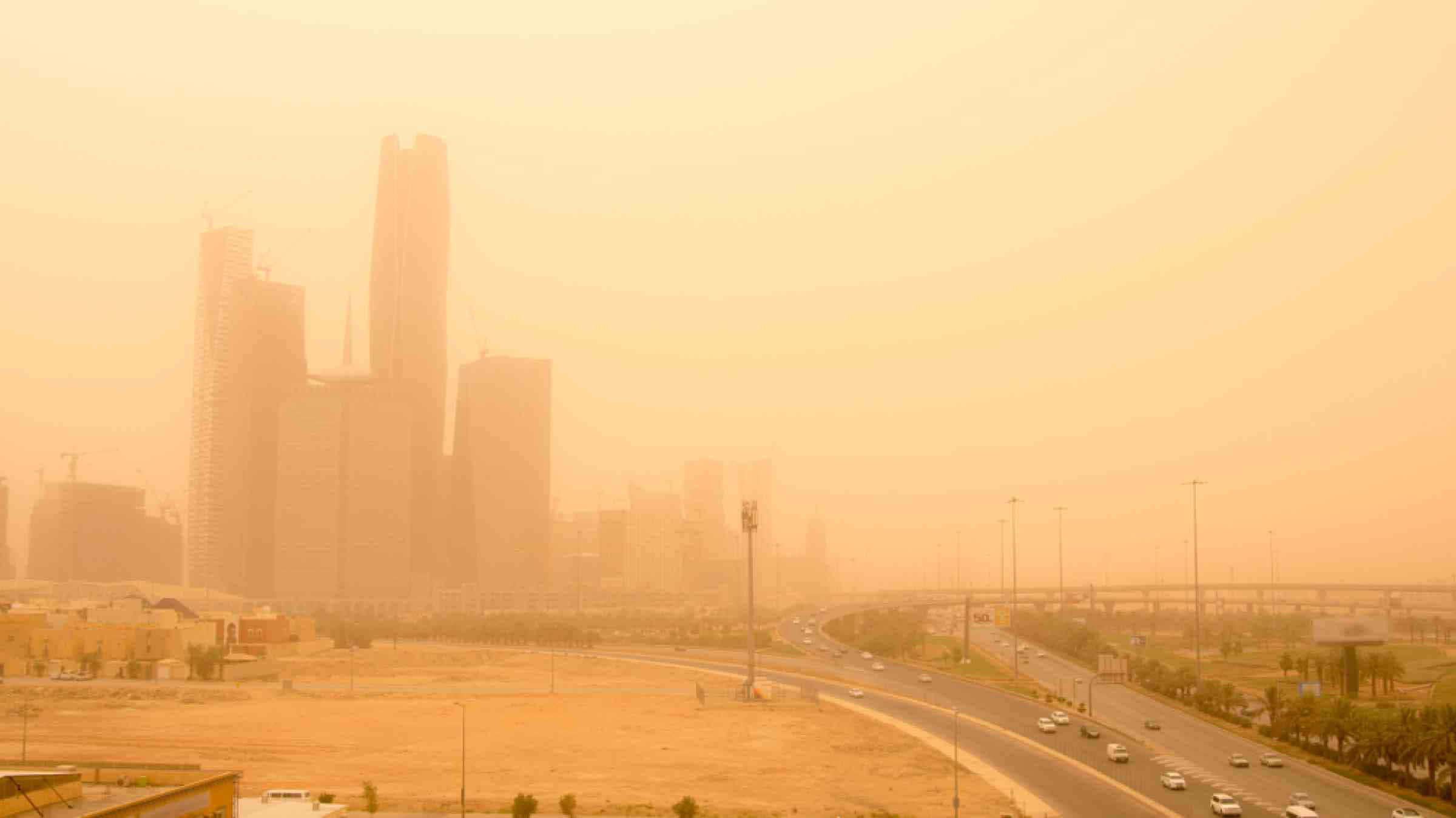 cityscape, dust storm, hazy orange, Full HD Desktop Wallpaper