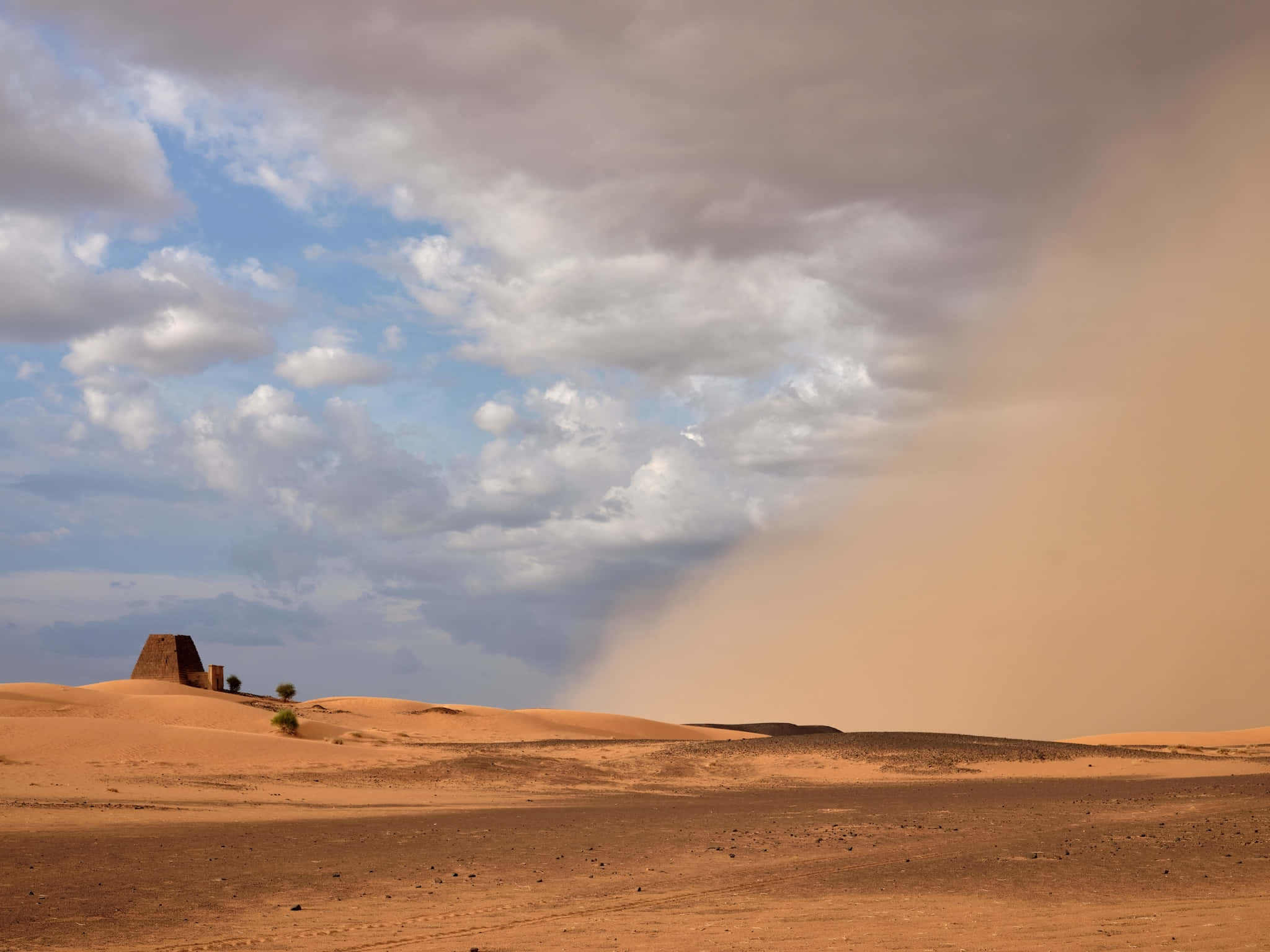 dust storm, desert landscape, ancient stone structure, Full HD Desktop Wallpaper