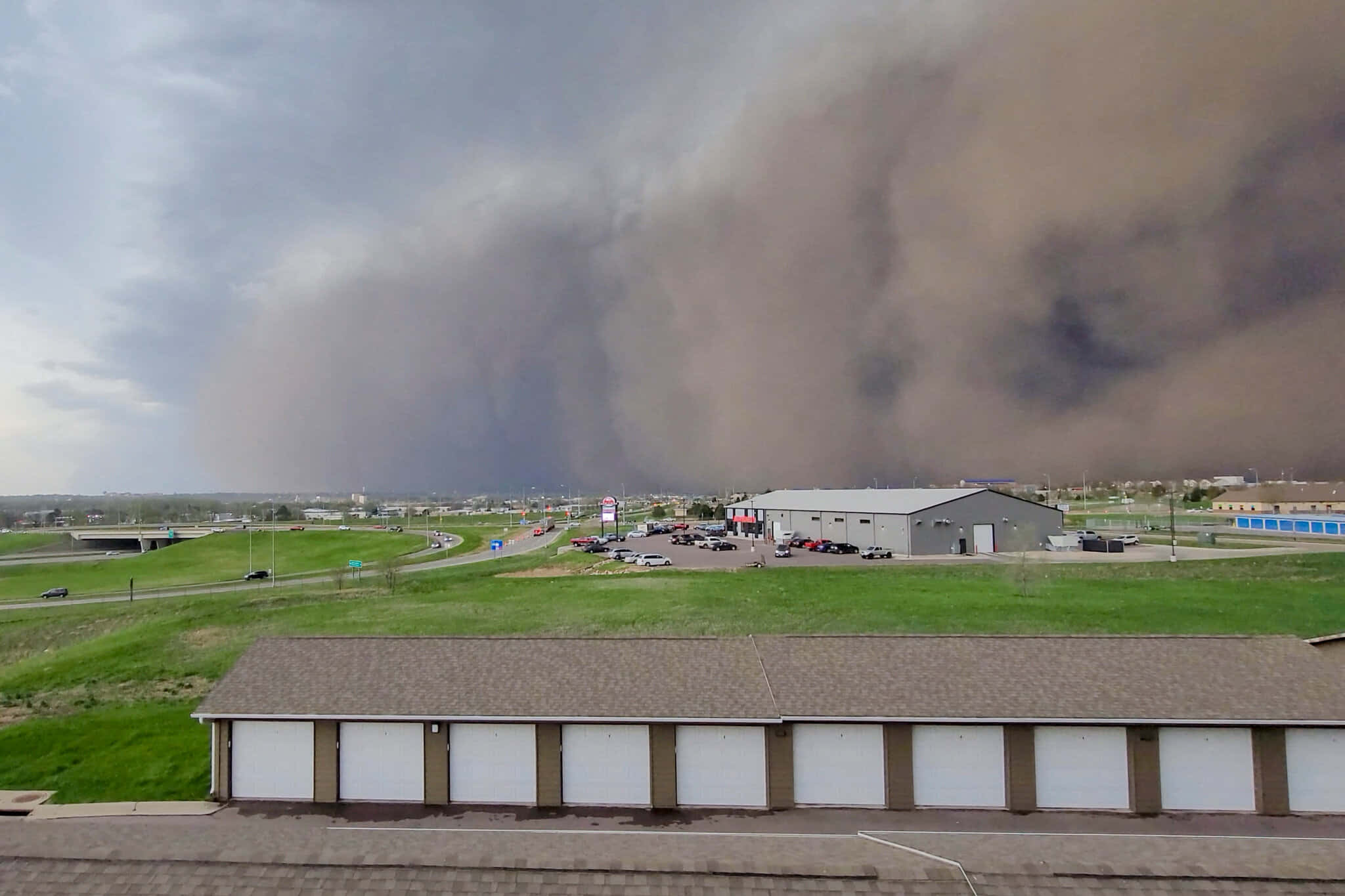 dust storm, suburban landscape, warehouses, Full HD Desktop Wallpaper