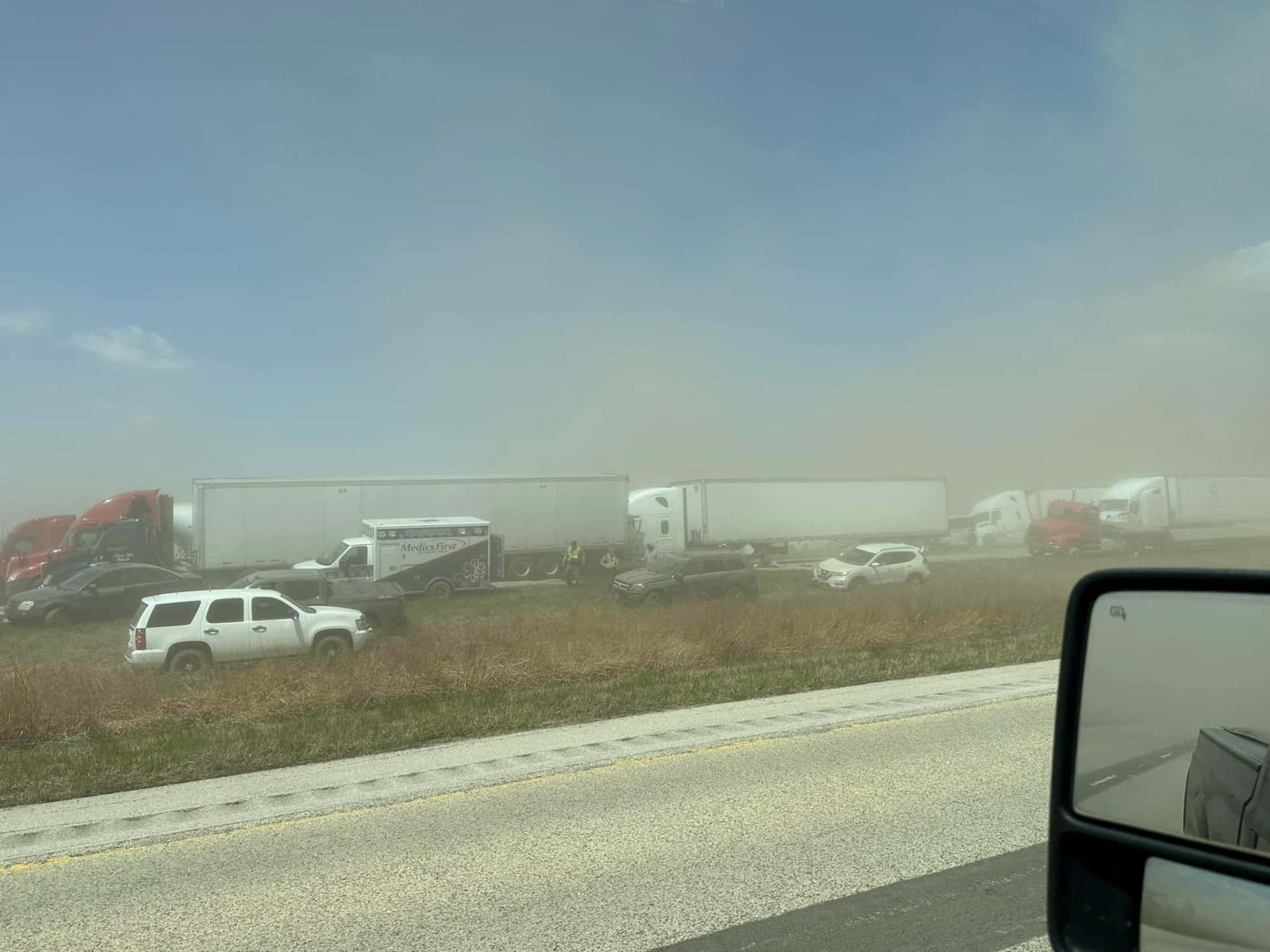 Dust Storm, highway collision, wrecked trucks, Full HD Desktop Wallpaper