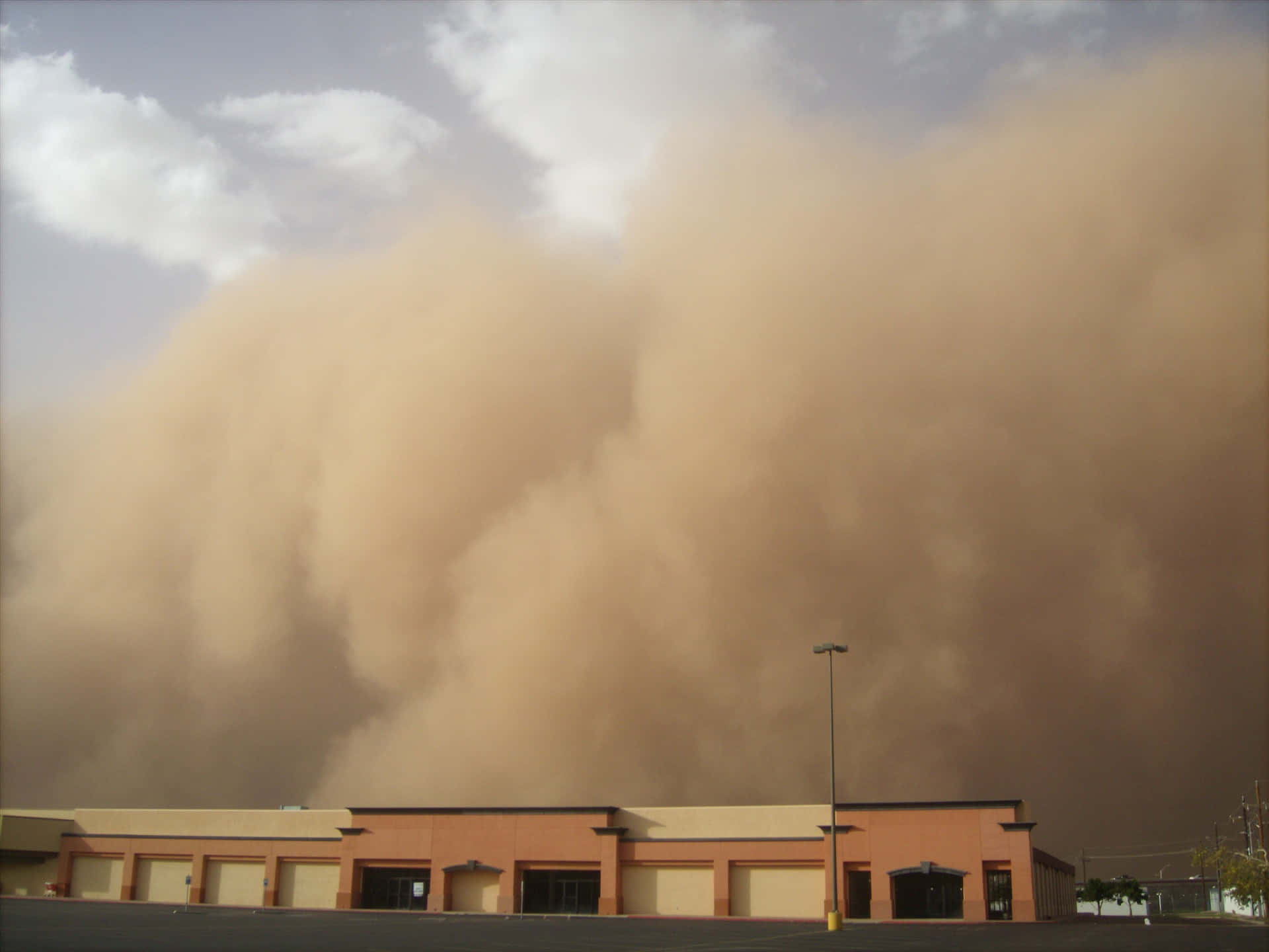 dust storm, commercial building, orange-brown dust, Full HD Desktop Wallpaper