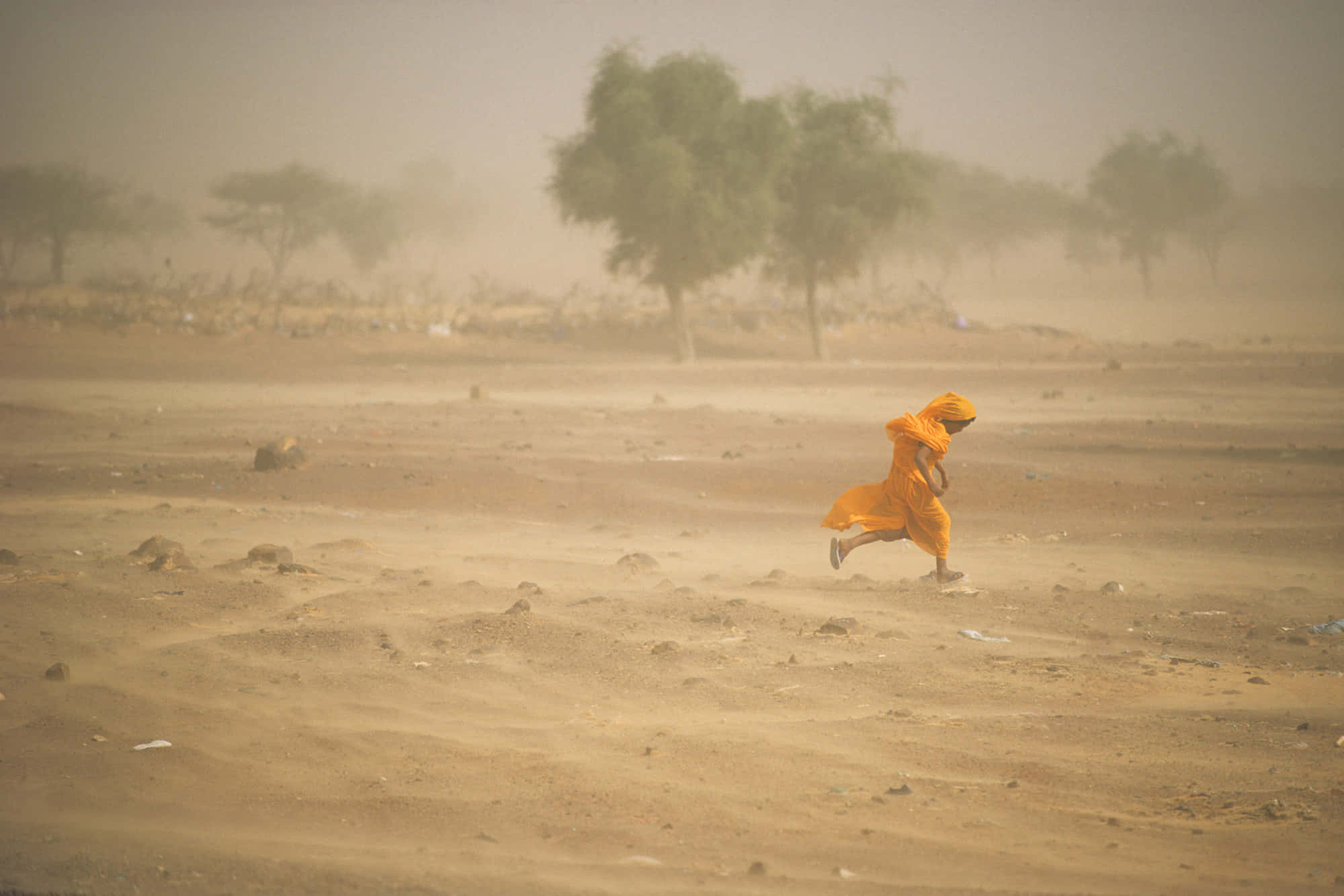 child, bright orange dress, dusty field, Full HD Desktop Wallpaper