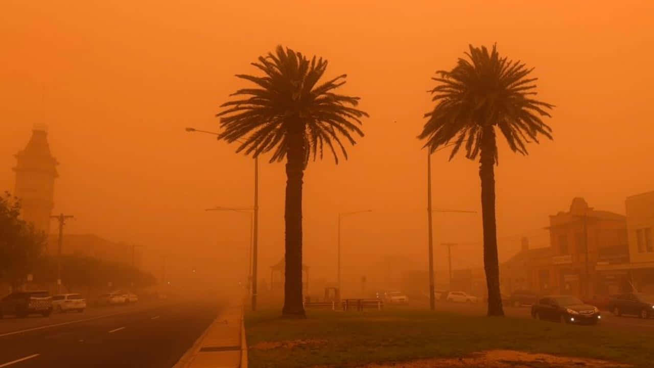 orange haze, dust storm, cityscape, HD Desktop Wallpaper
