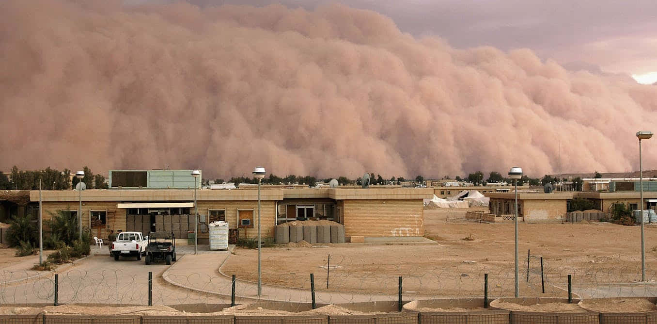 dust storm, desert compound, low buildings, HD Desktop Wallpaper