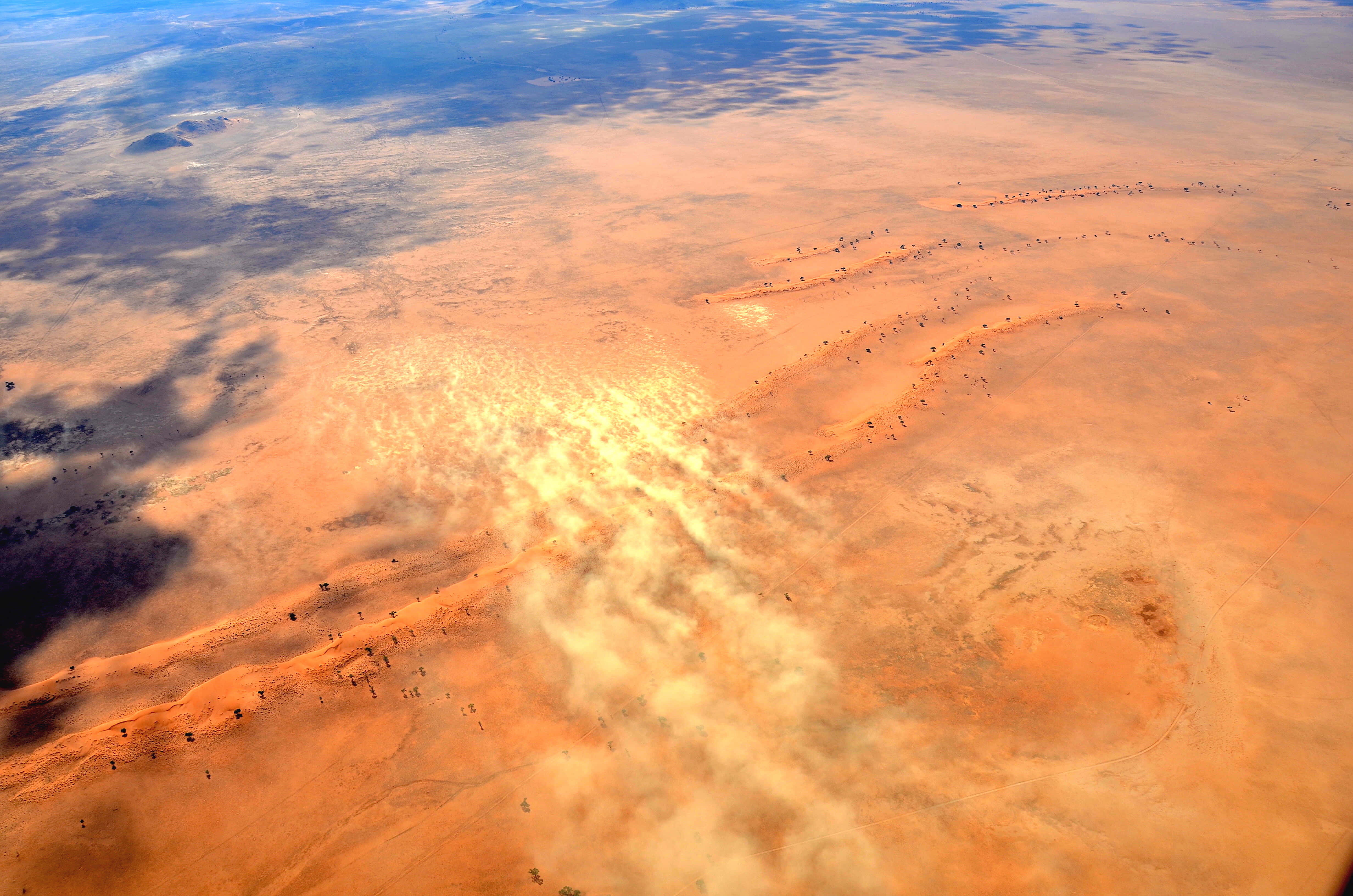 dust storm, aerial view, orange desert, 4K Desktop Wallpaper