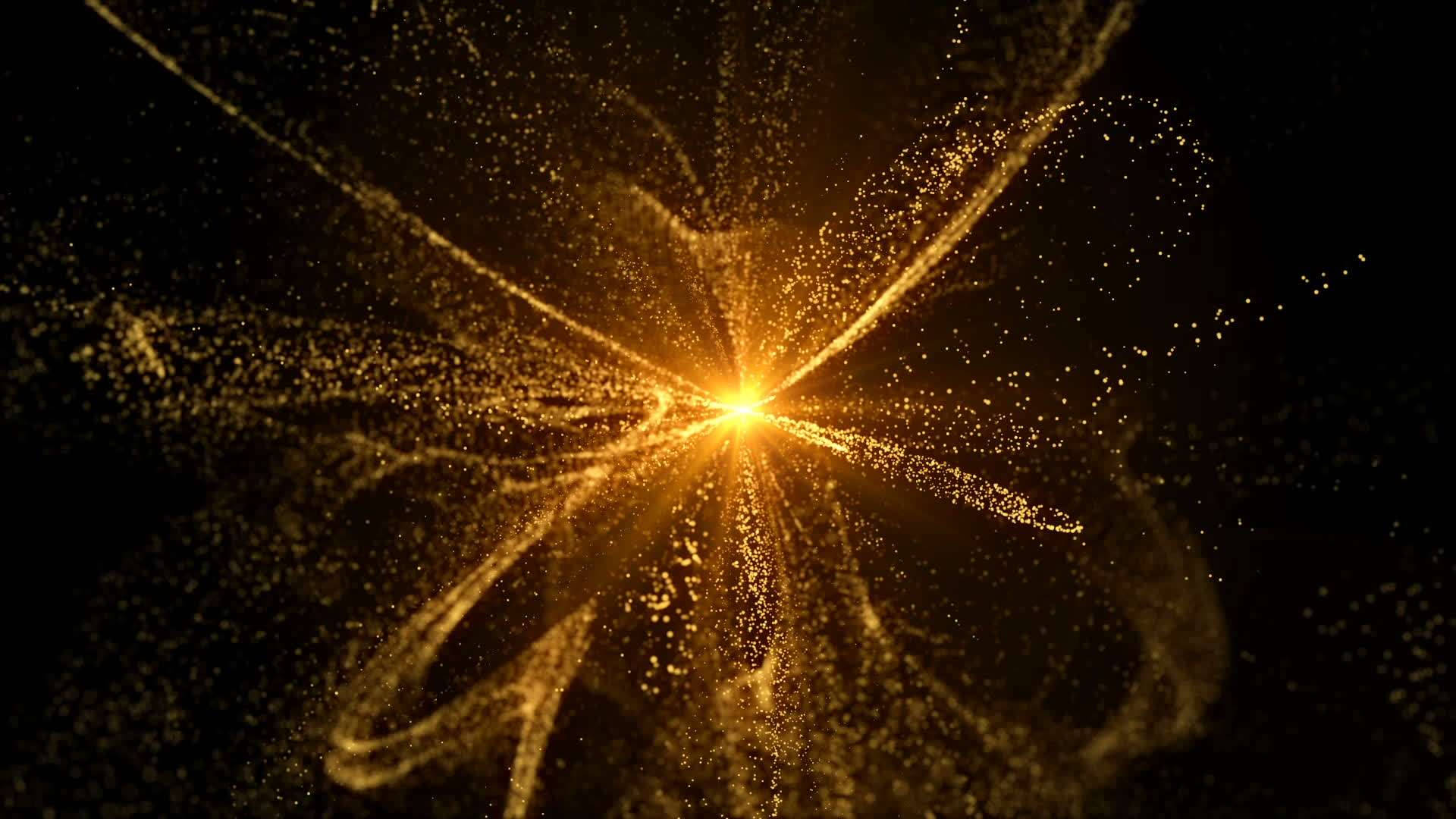 exploding gold dust, golden particle explosion, deep black background, Full HD Desktop Wallpaper