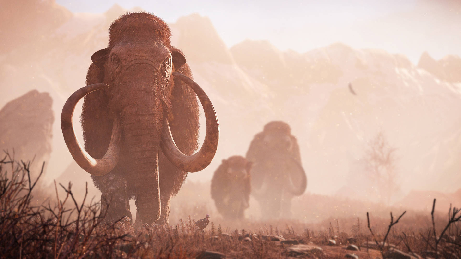 woolly mammoth, dusty prehistoric plain, snow-capped mountains, Full HD Desktop Wallpaper