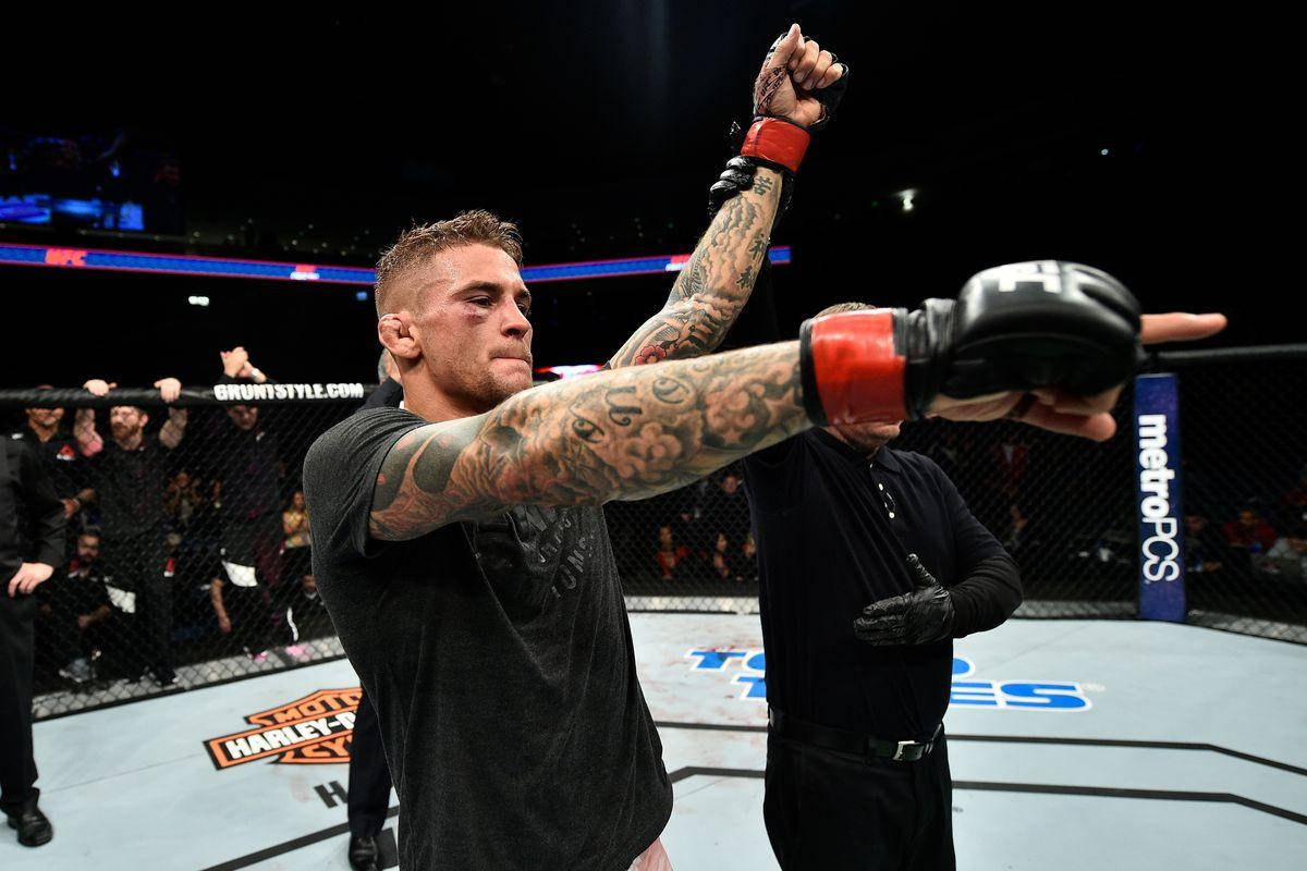 Dustin Poirier, gloved fist, brightly lit octagon, SD Desktop Wallpaper