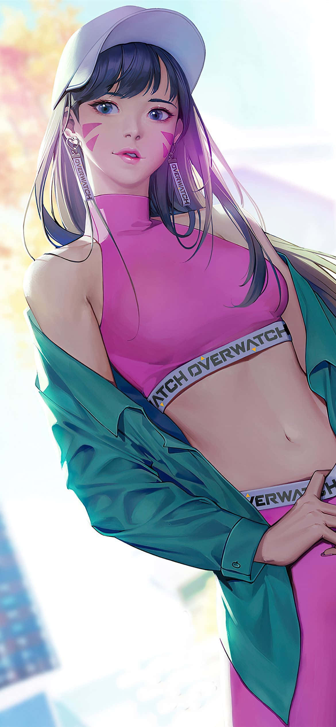 Dva Overwatch, purple hair, pink face paint, Full HD Phone Wallpaper