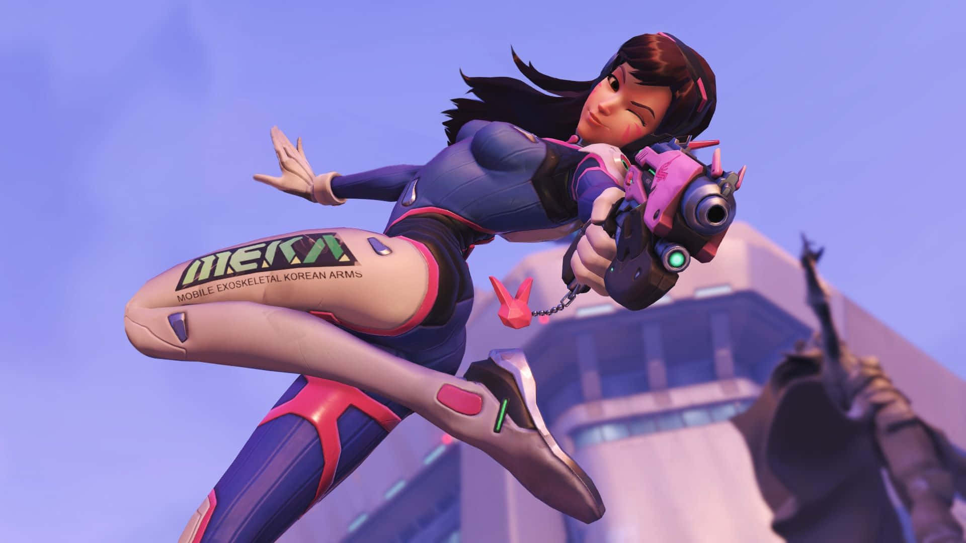 Dva Overwatch, blue and pink gear, futuristic weapon, Full HD Desktop Wallpaper