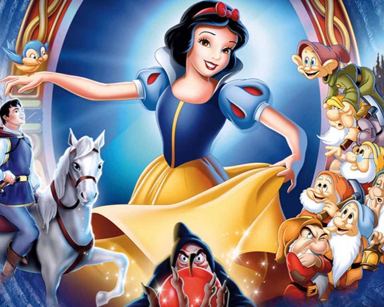Snow White, dwarfs, prince on horse, HD Desktop Wallpaper