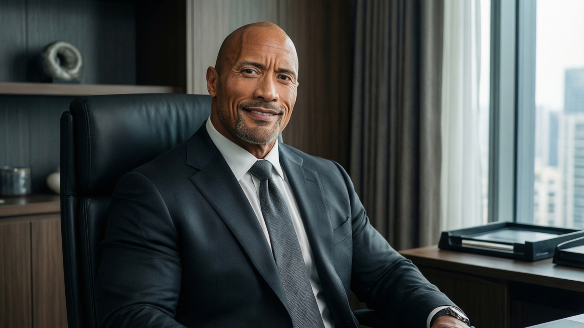 Dwayne Johnson, sleek black leather chair, modern office, Full HD Desktop Wallpaper