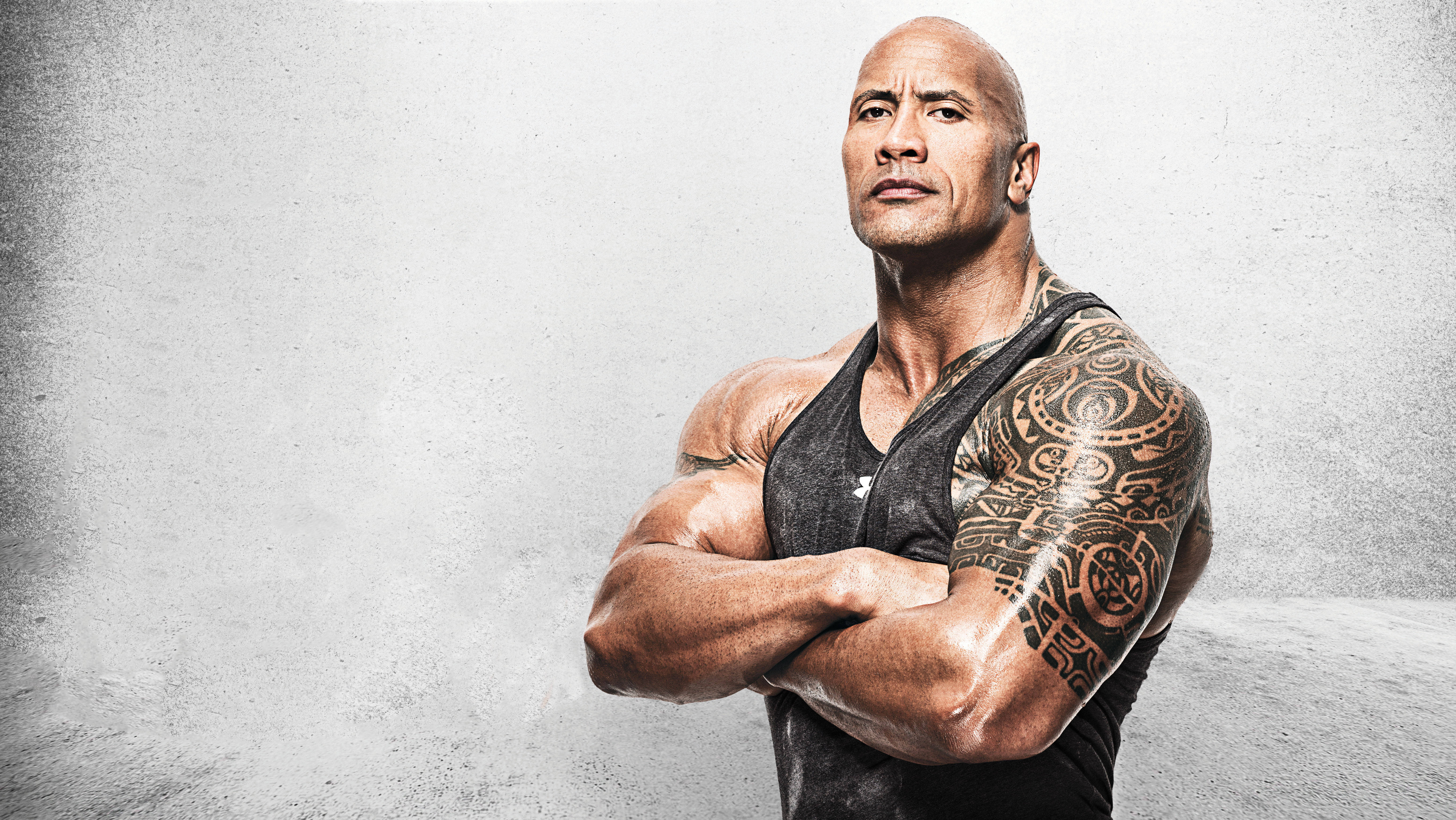 Dwayne Johnson, tribal tattoos, textured gray wall, 5K Desktop Wallpaper