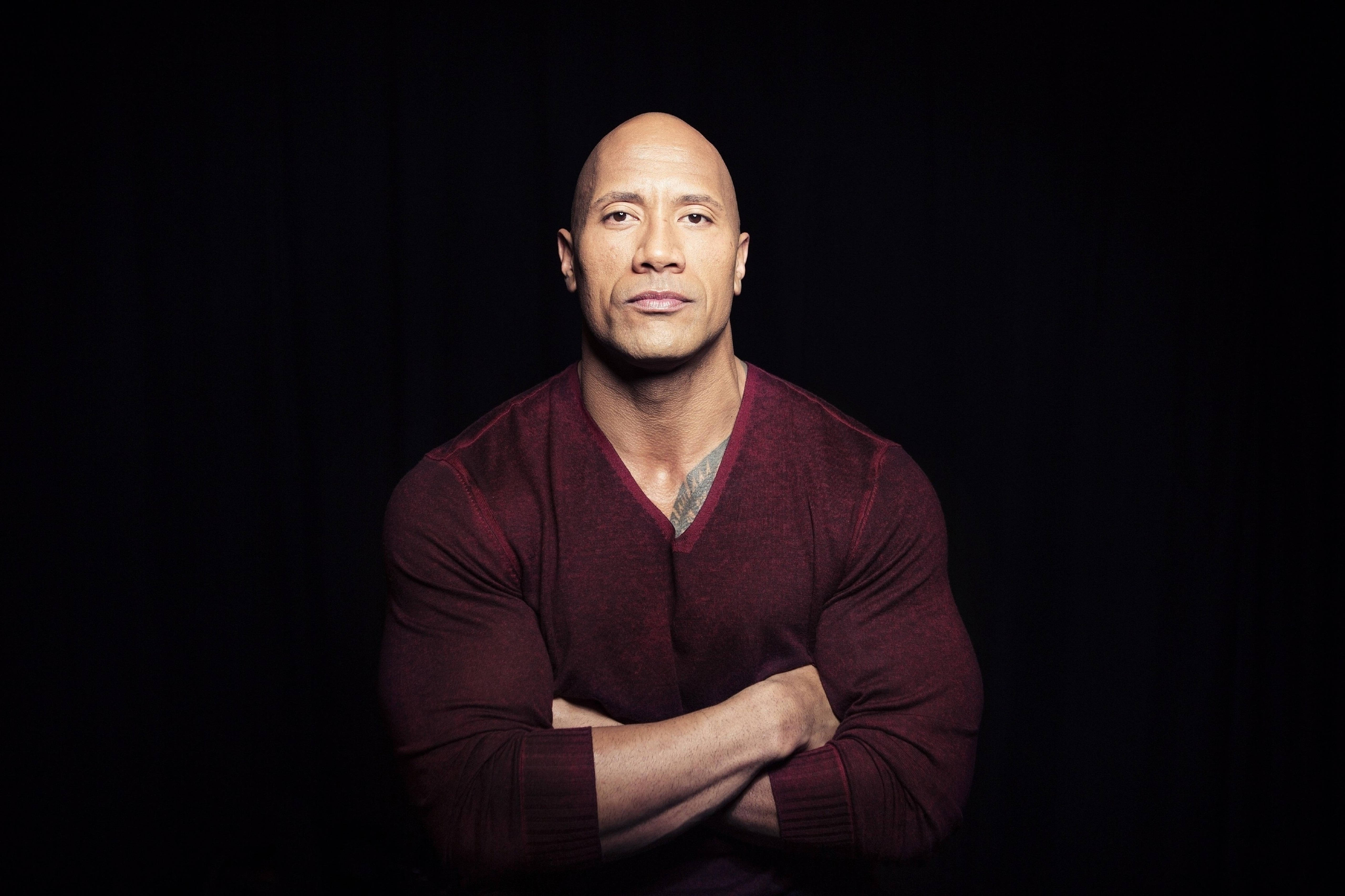 Dwayne Johnson, maroon sweater, stark black background, 5K Desktop Wallpaper