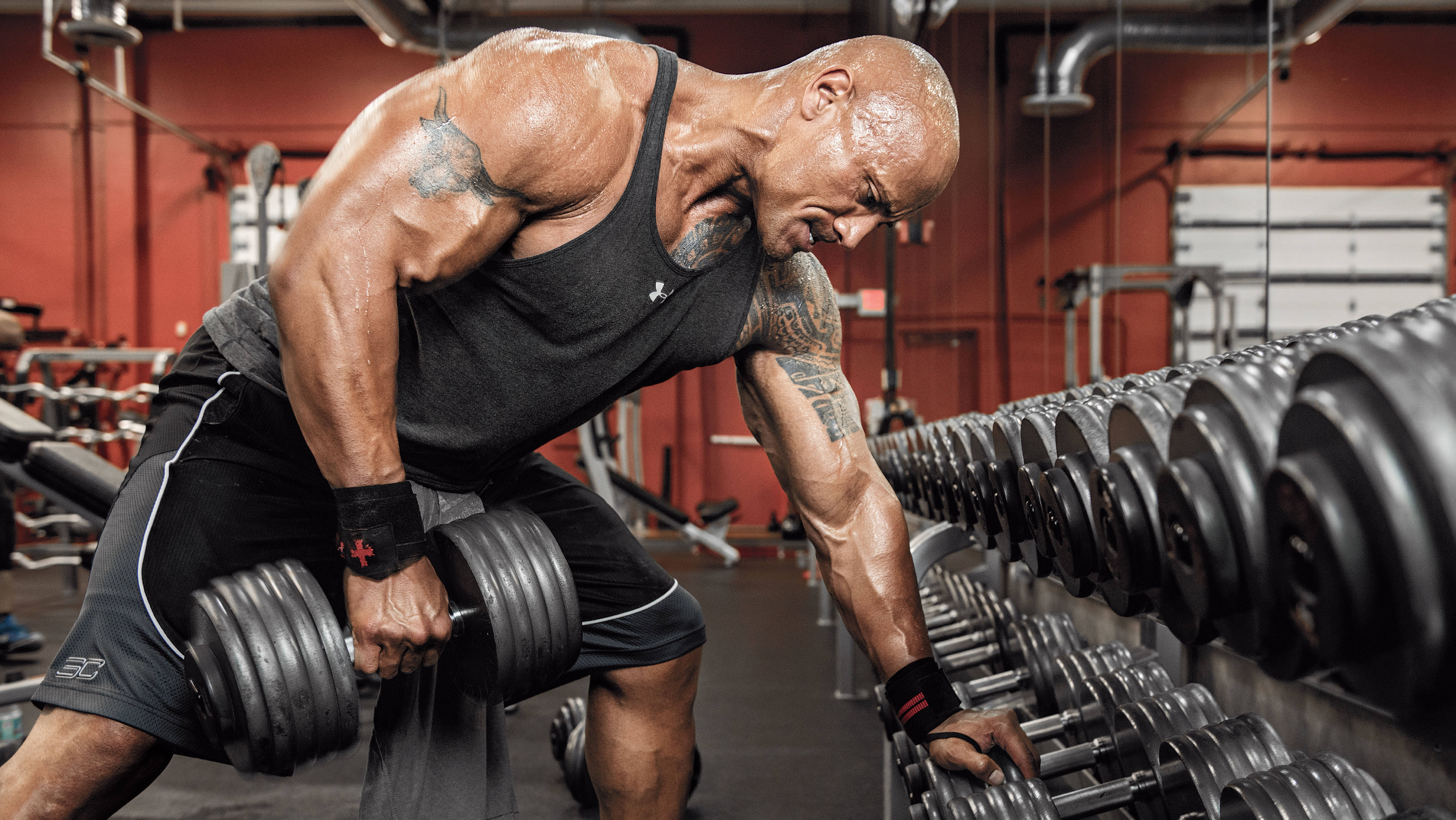 Dwayne Johnson, dumbbell, red-walled gym, 5K Desktop Wallpaper