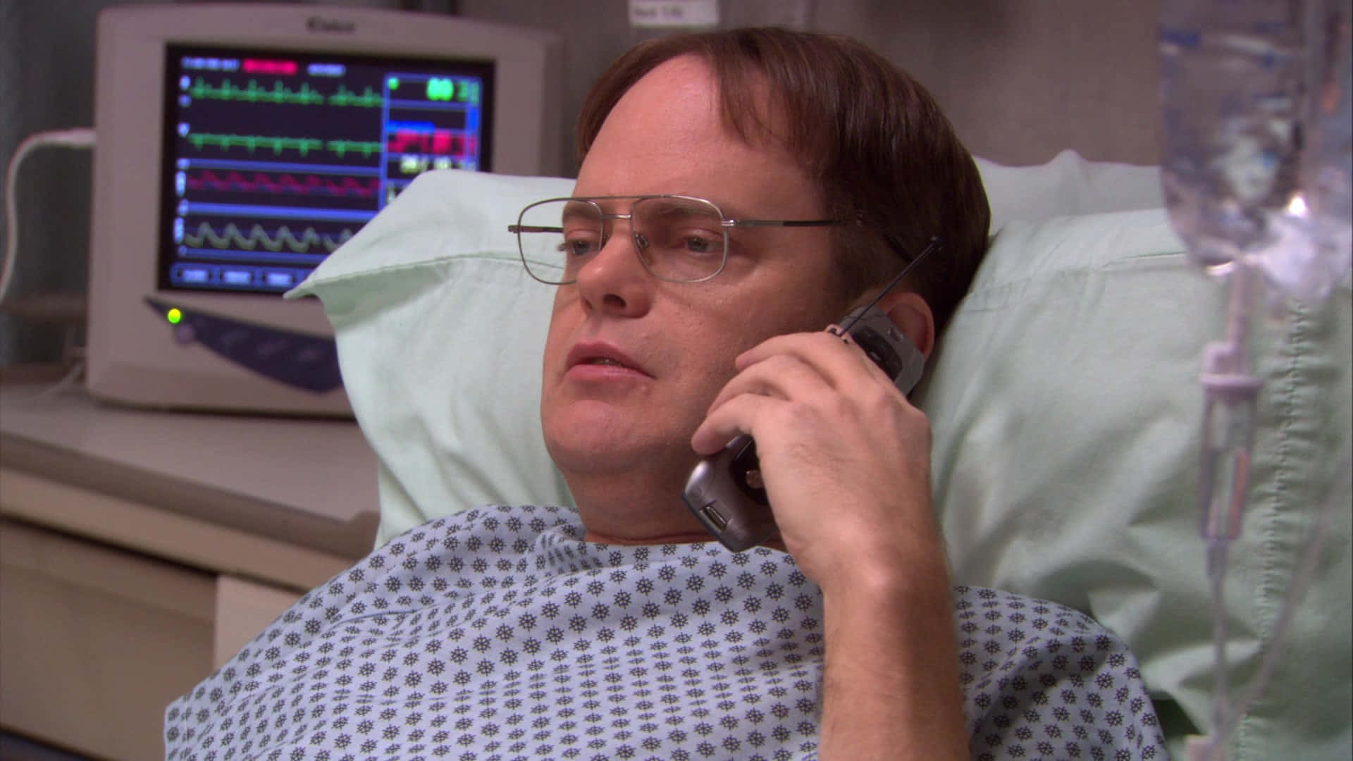 Dwight Schrute, hospital bed, phone, Full HD Desktop Wallpaper