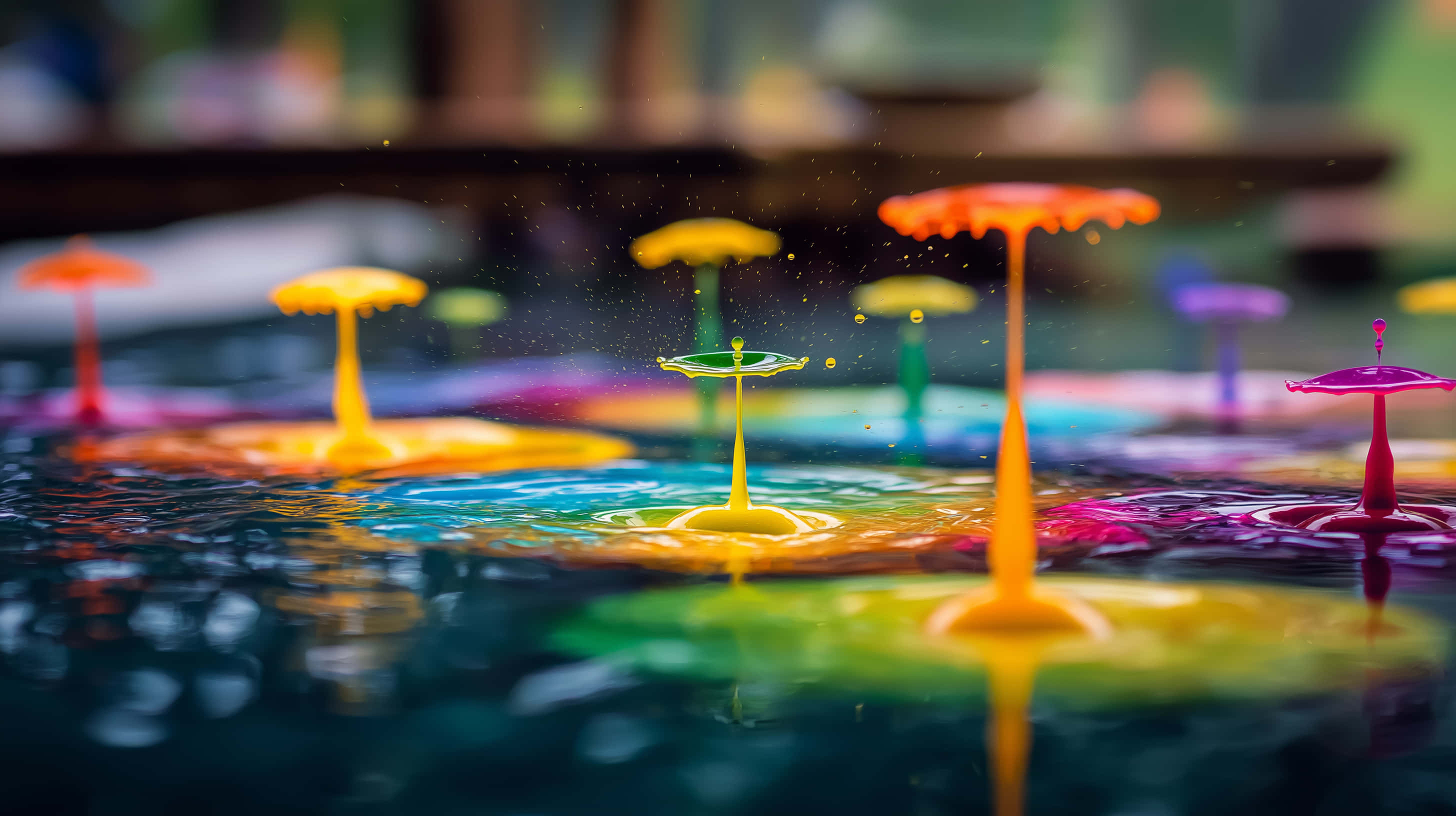 vibrant colored paint droplets, dark reflective surface, vivid ripples, 2K Desktop Wallpaper
