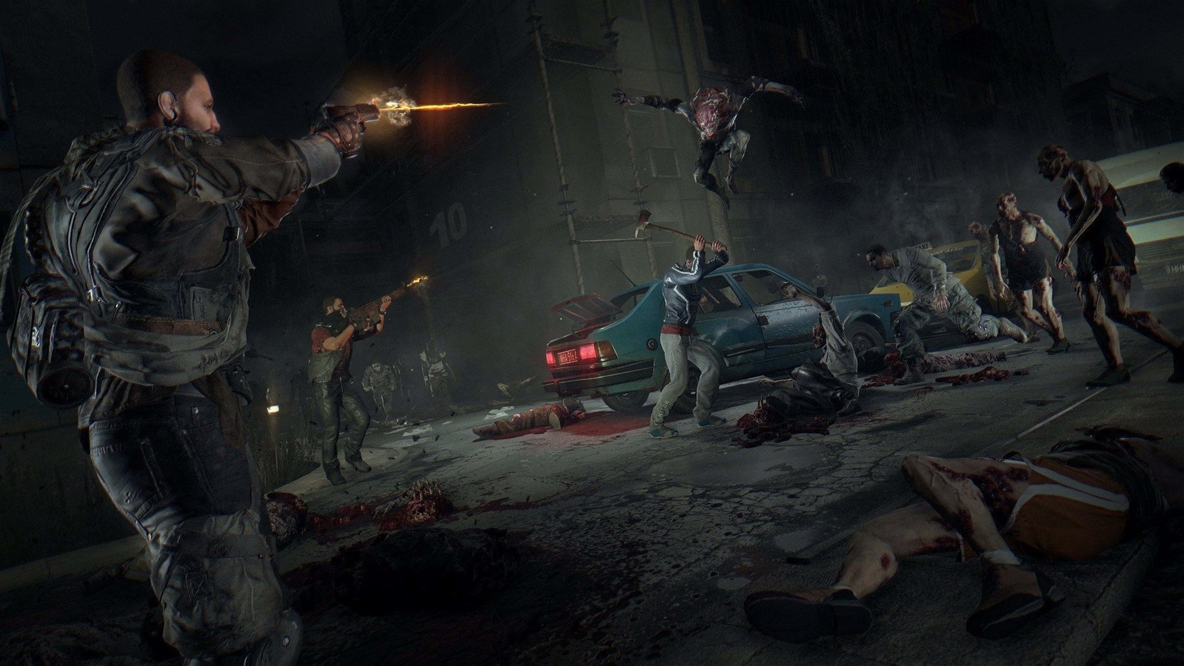 Dying Light 4K, nighttime urban street, armed survivors, 4K Desktop Wallpaper