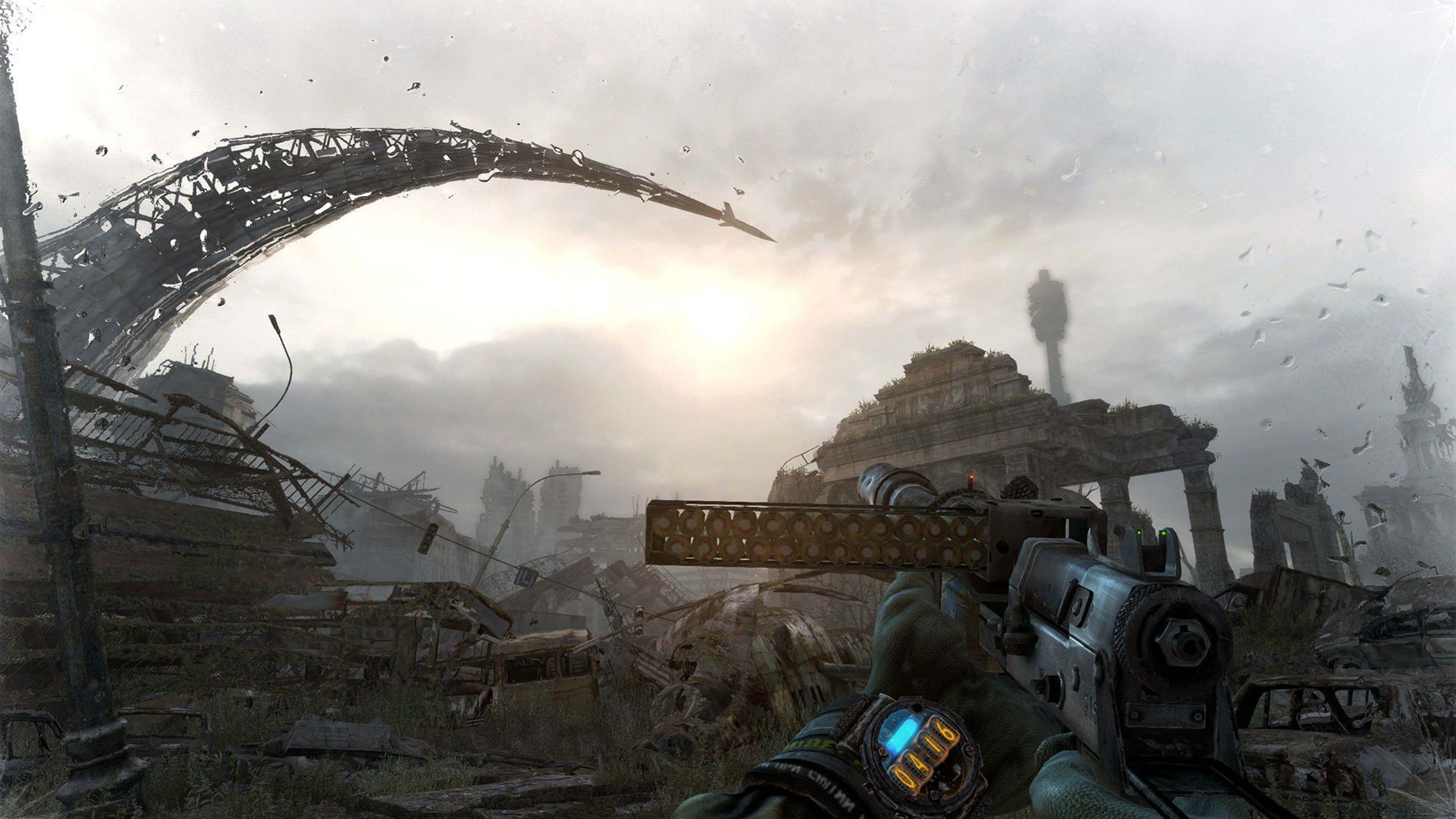 Dying Light 4K, futuristic weapon, rain-slicked ruins, 4K Desktop Wallpaper
