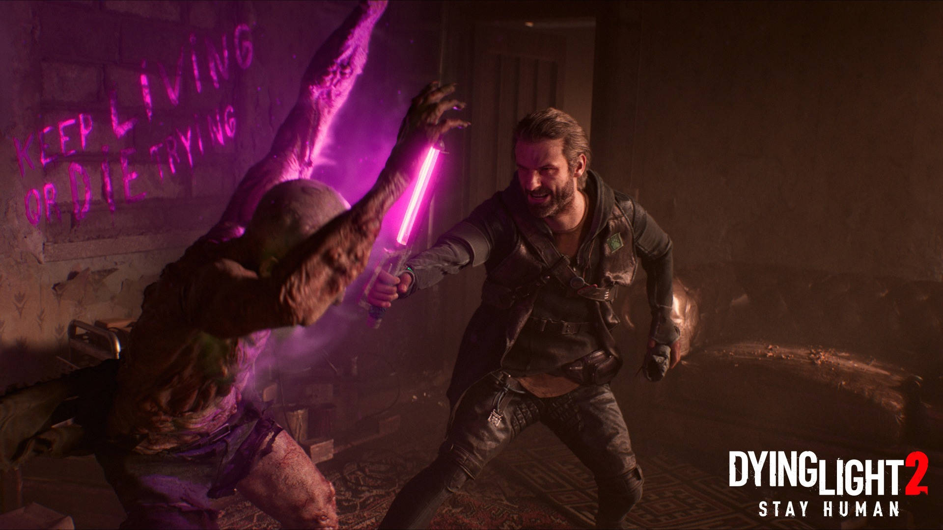 Dying Light 2, glowing purple sword, gritty urban alley, Full HD Desktop Wallpaper