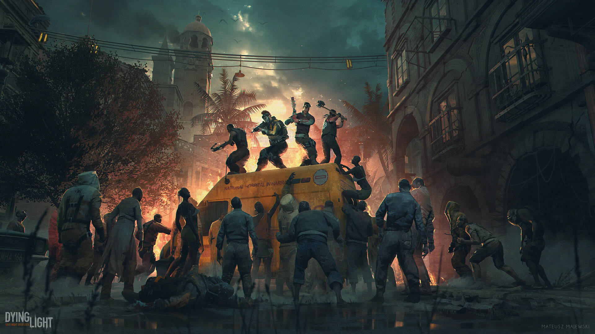 Dying Light, zombies, fiery urban street, Full HD Desktop Wallpaper