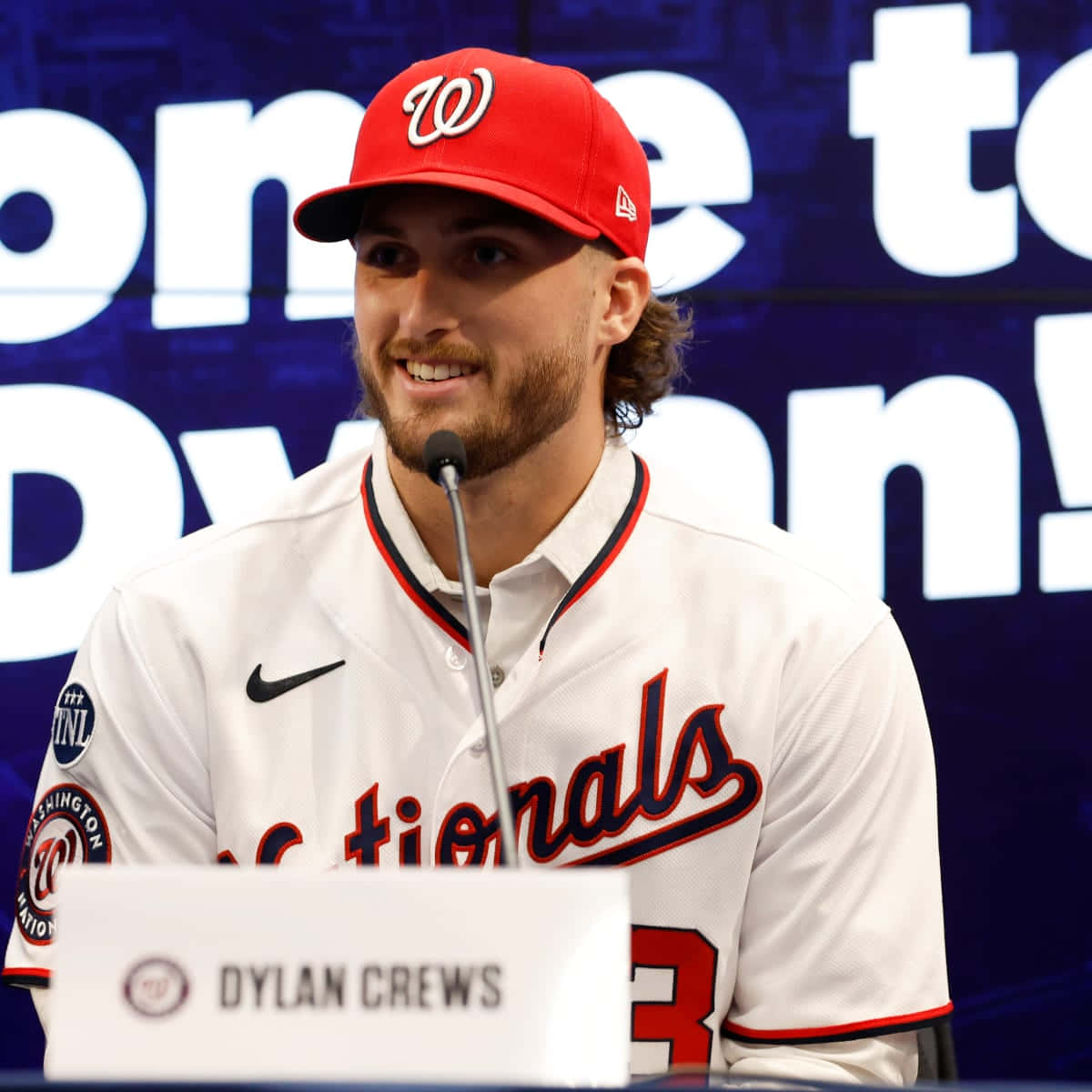Dylan Crews, red cap, white Nationals jersey, SD Desktop Wallpaper