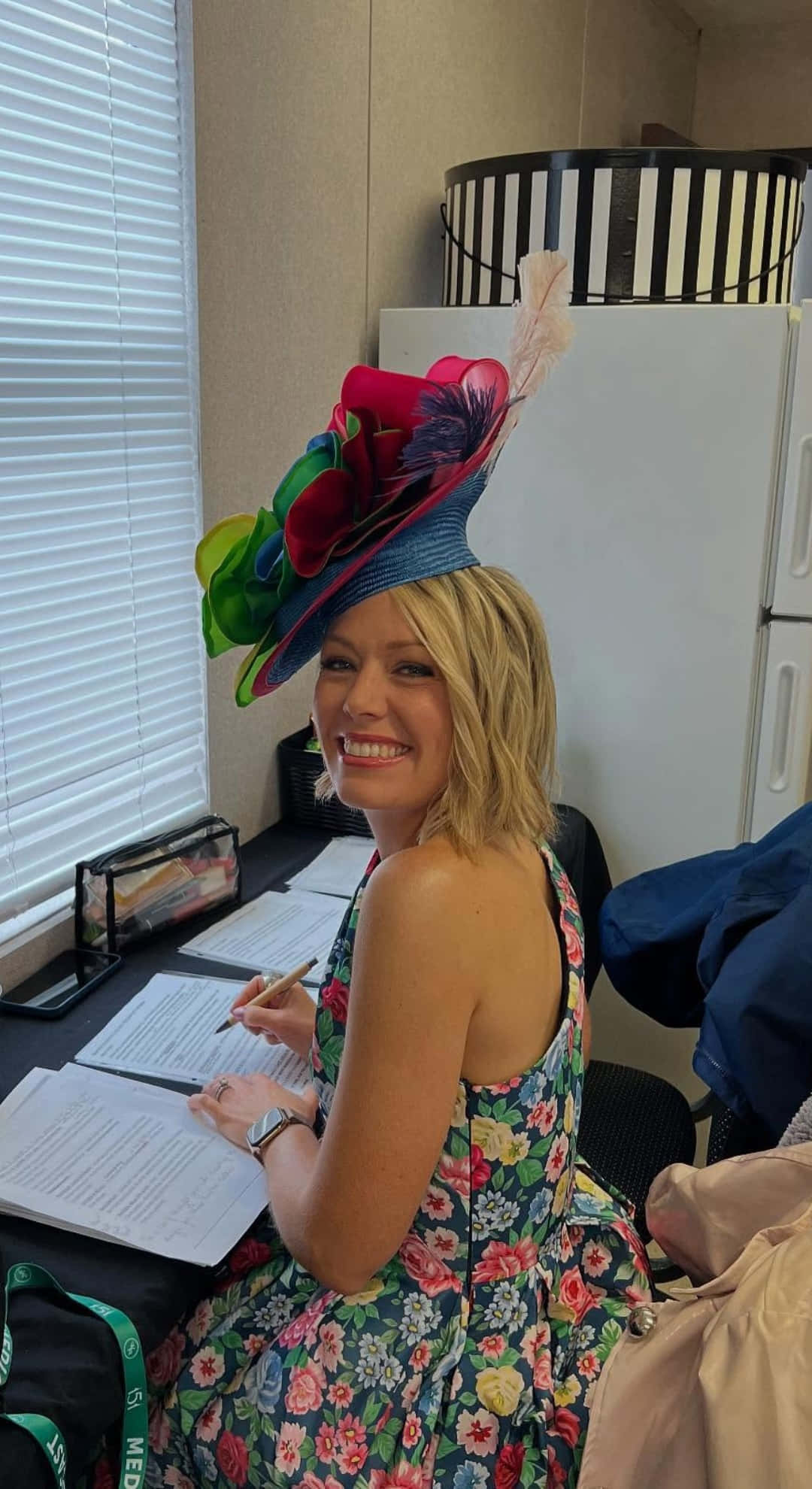 Dylan Dreyer, floral dress, colorful hat, Full HD Phone Wallpaper