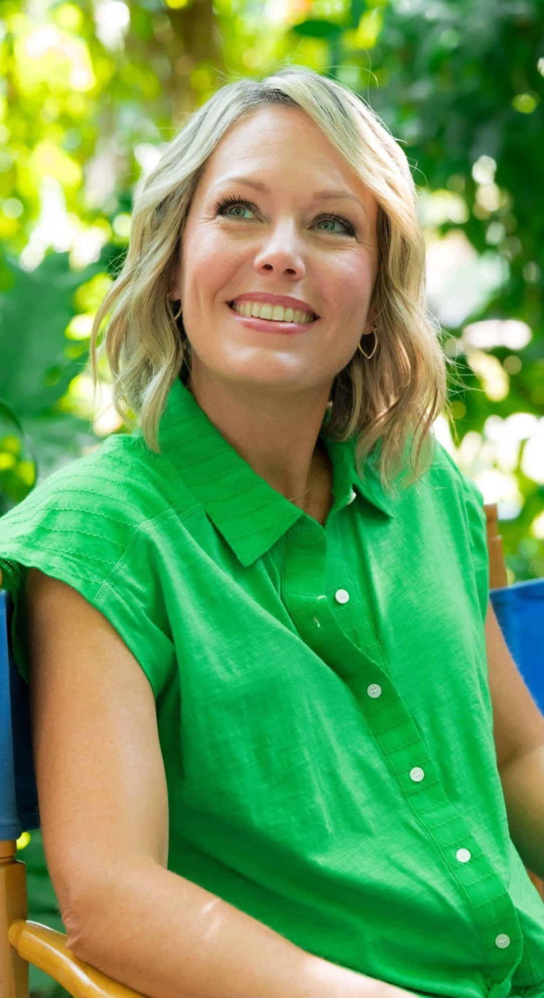 Dylan Dreyer, bright green shirt, lush green foliage, Full HD Phone Wallpaper