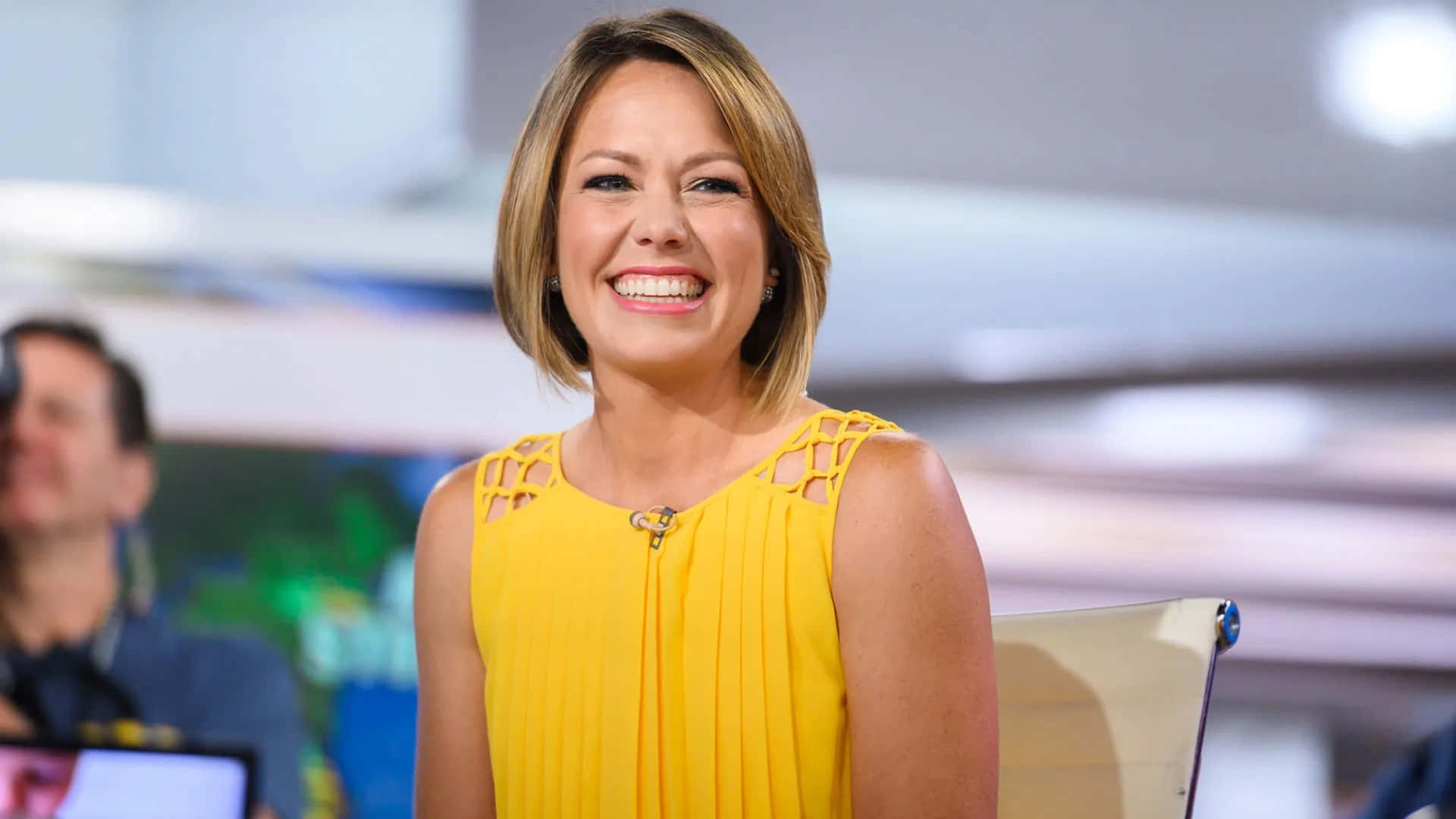 Dylan Dreyer, bright yellow sleeveless dress, cutout shoulders, Full HD Desktop Wallpaper