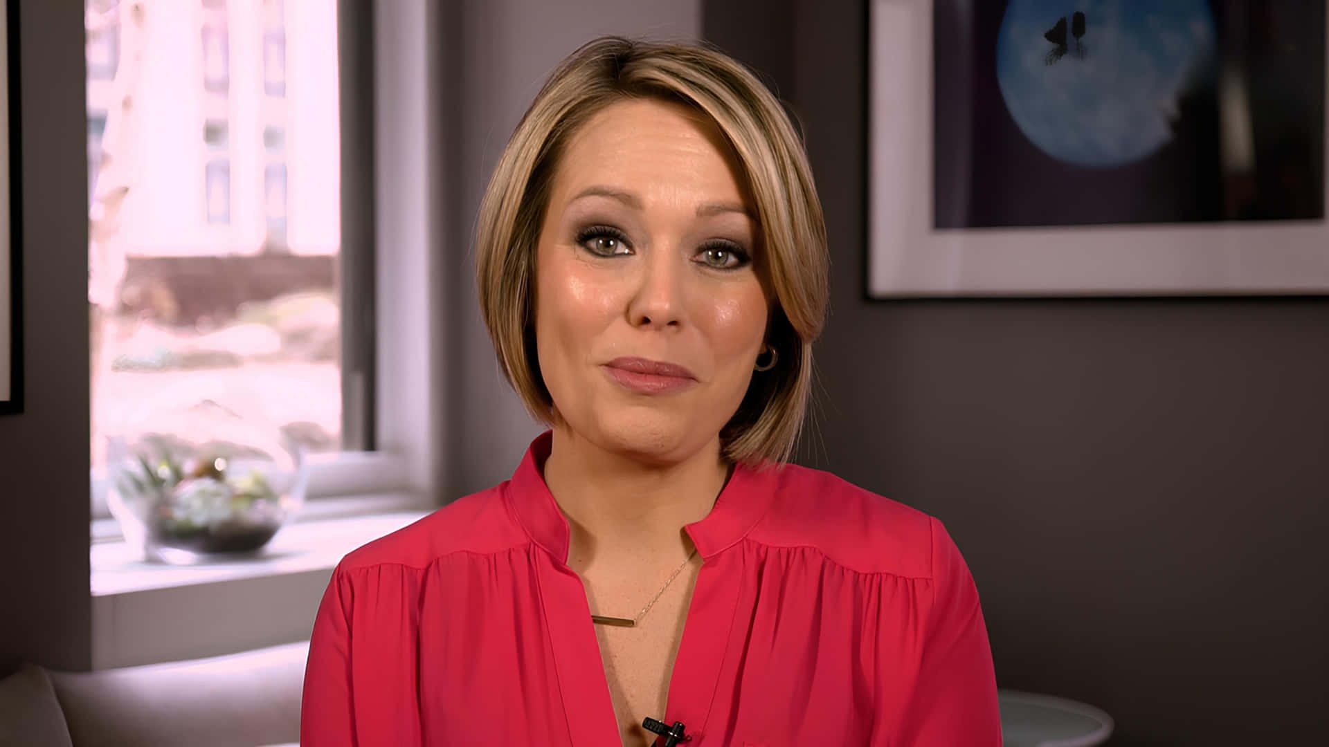 Dylan Dreyer, red blouse, city view, Full HD Desktop Wallpaper