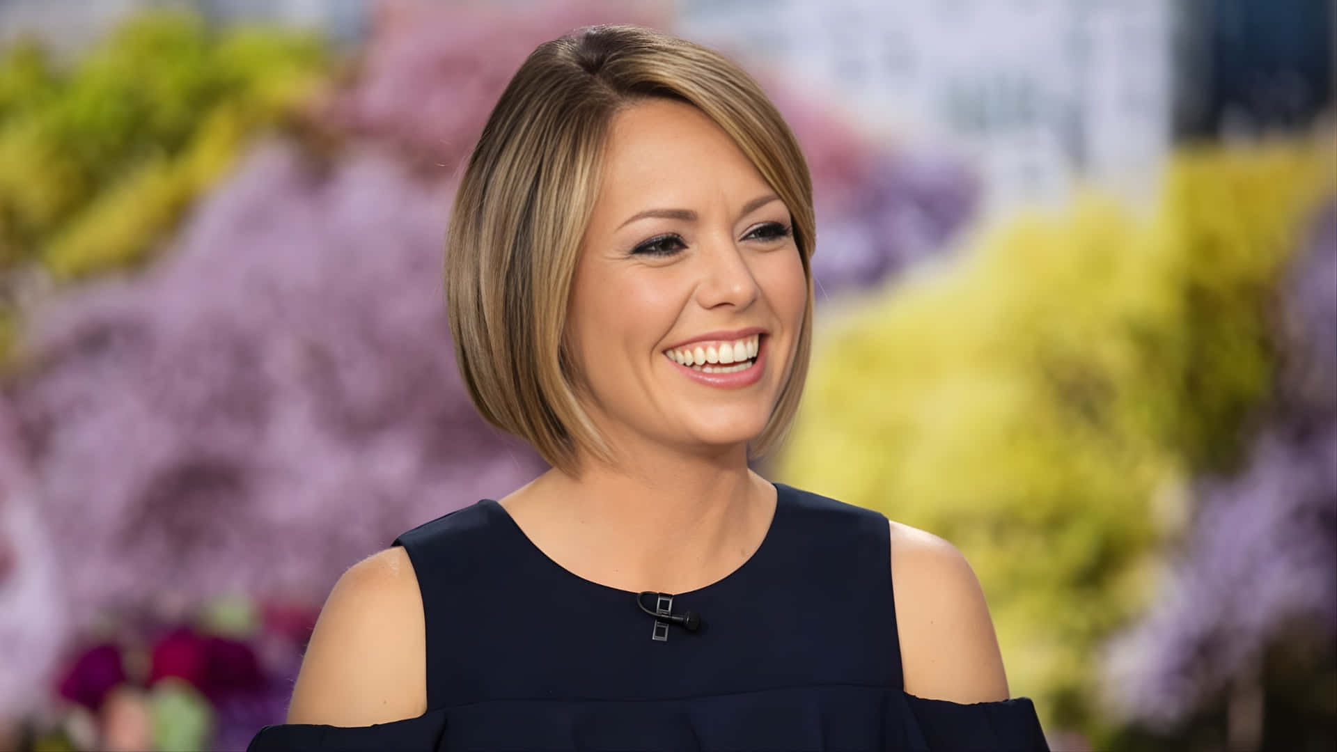 Dylan Dreyer, short blonde hair, navy blue off-shoulder dress, Full HD Desktop Wallpaper